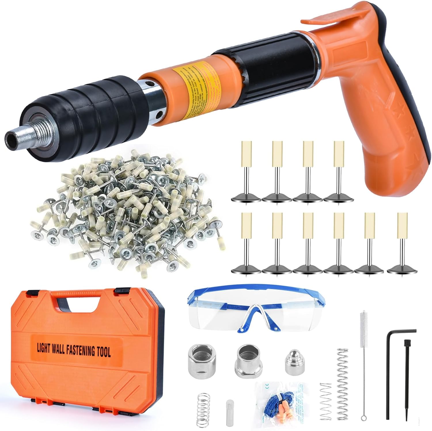 BRAND, CATEGORY, EXCECAR, STAPLERS & TACKERS, Concrete Nail Gun Kit with 220pcs Nails, 5 Speed Adjustable Manual Nail Gun for Concrete, Woodworking Decoration Nailer Gun, Portable Nail Wall Fastening Tool, Cement Wall Steel Nails Gun