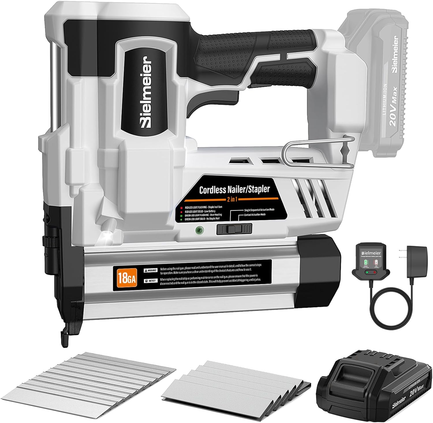 BIELMEIER, BRAD NAILERS, BRAND, CATEGORY, Cordless Nail Gun Battery Powered, 20V Brad Nailer 18 Gauge 2 in 1 Staple Gun, Air Power Nailers Staplers with Battery and Charger for Upholstery, Home Improvement, Woodworking