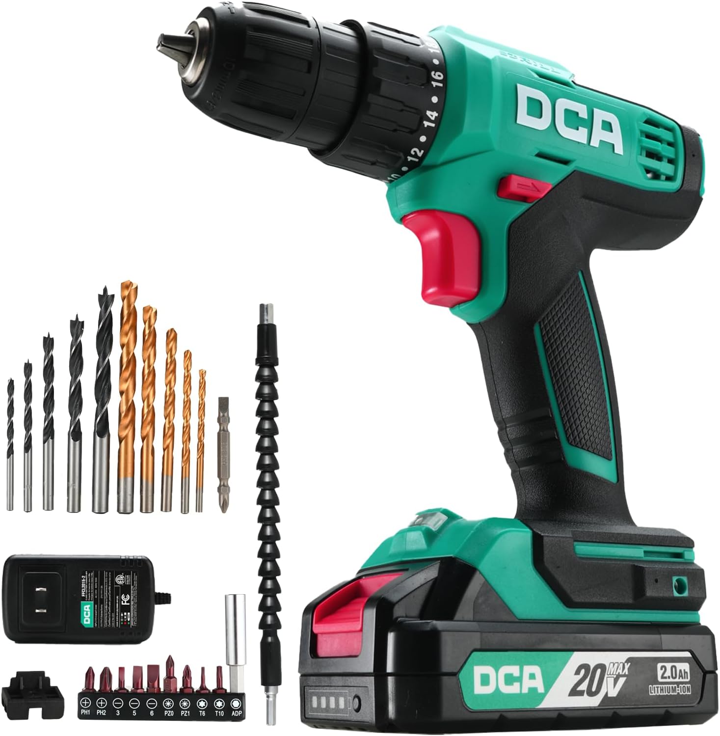 BRAND, CATEGORY, DCA, DRILL DRIVERS, DCA Cordless Drill Set, 336 in-lbs Torque, 3/8" Keyless Chuck, Electric Power Drill with 2.0Ah Battery and Charger,18+1 Position,25-Piece 20V Drill Driver Kit, ADJZ2035