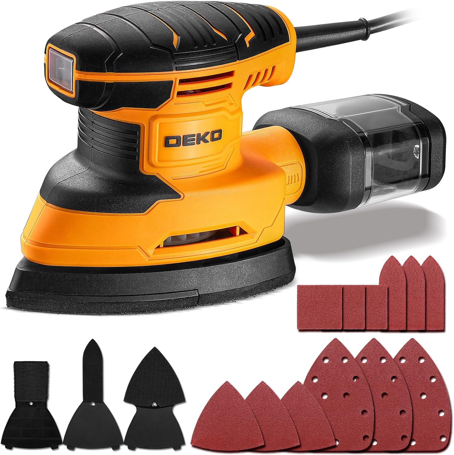 BRAND, CATEGORY, DEKOPRO, DETAIL SANDERS, DEKOPRO Detail Sander Power Electric Mouse Sanders Tool with 3-Multi Function Sanding Pad Attachment, 12pc Sandpaper,Dust Box, Sander for Wood, Woodworking