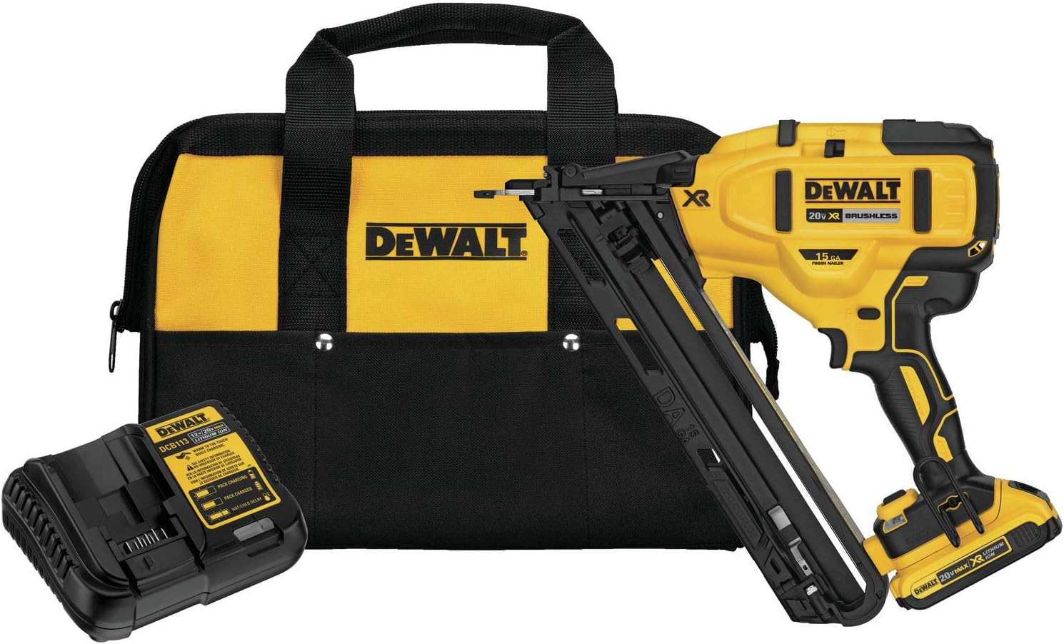 BRAND, CATEGORY, DEWALT, DEWALT, FINISH NAILERS, DEWALT 20V MAX Finish Nailer Kit, Angled, 15GA, Battery, Charger & Bag (DCN650D1)