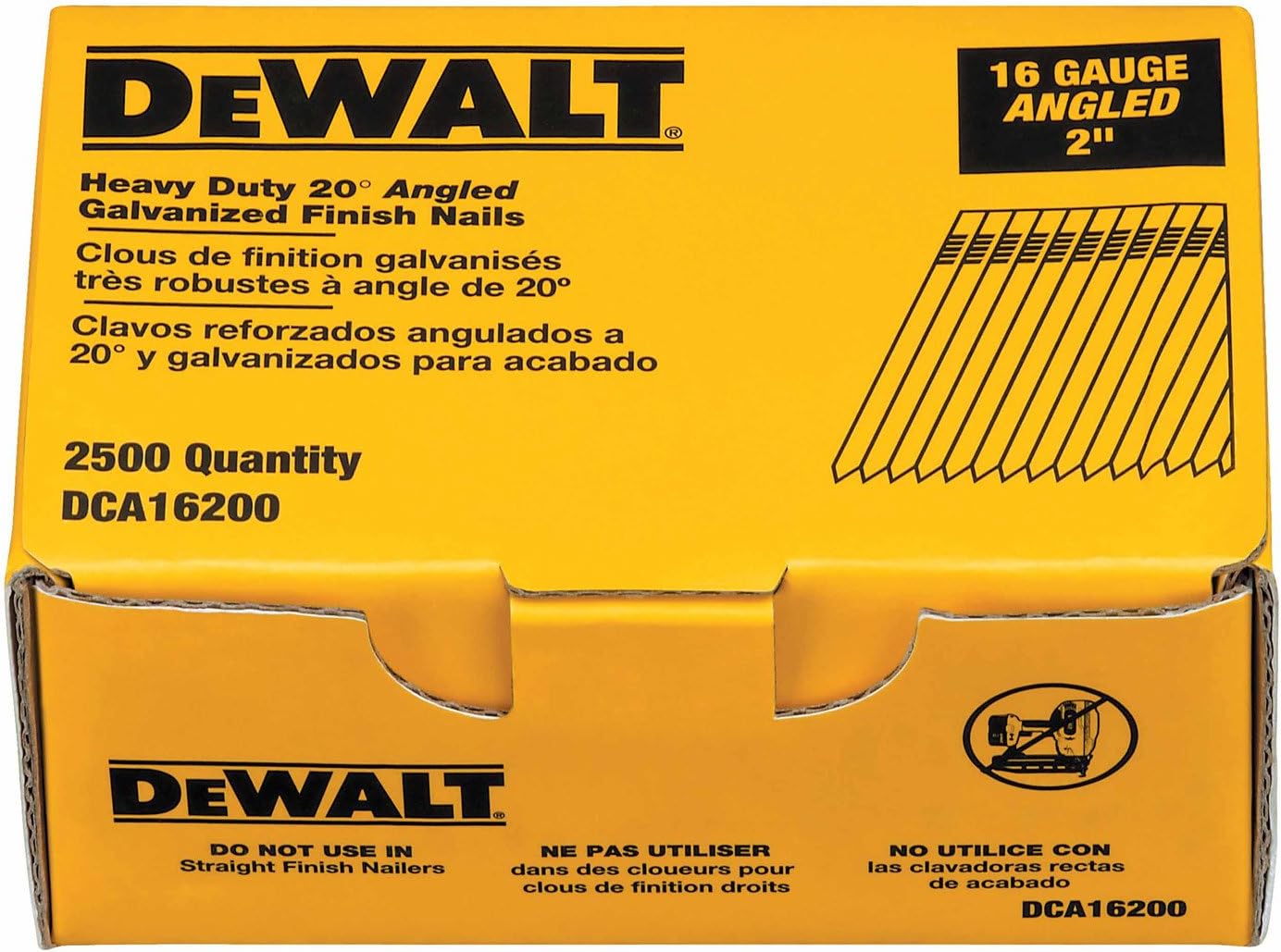 BRAND, CATEGORY, DEWALT, FINISH NAILS, DEWALT Finish Nails, 20-Degree, 2-Inch, 16GA, 2500-Pack (DCA16200)