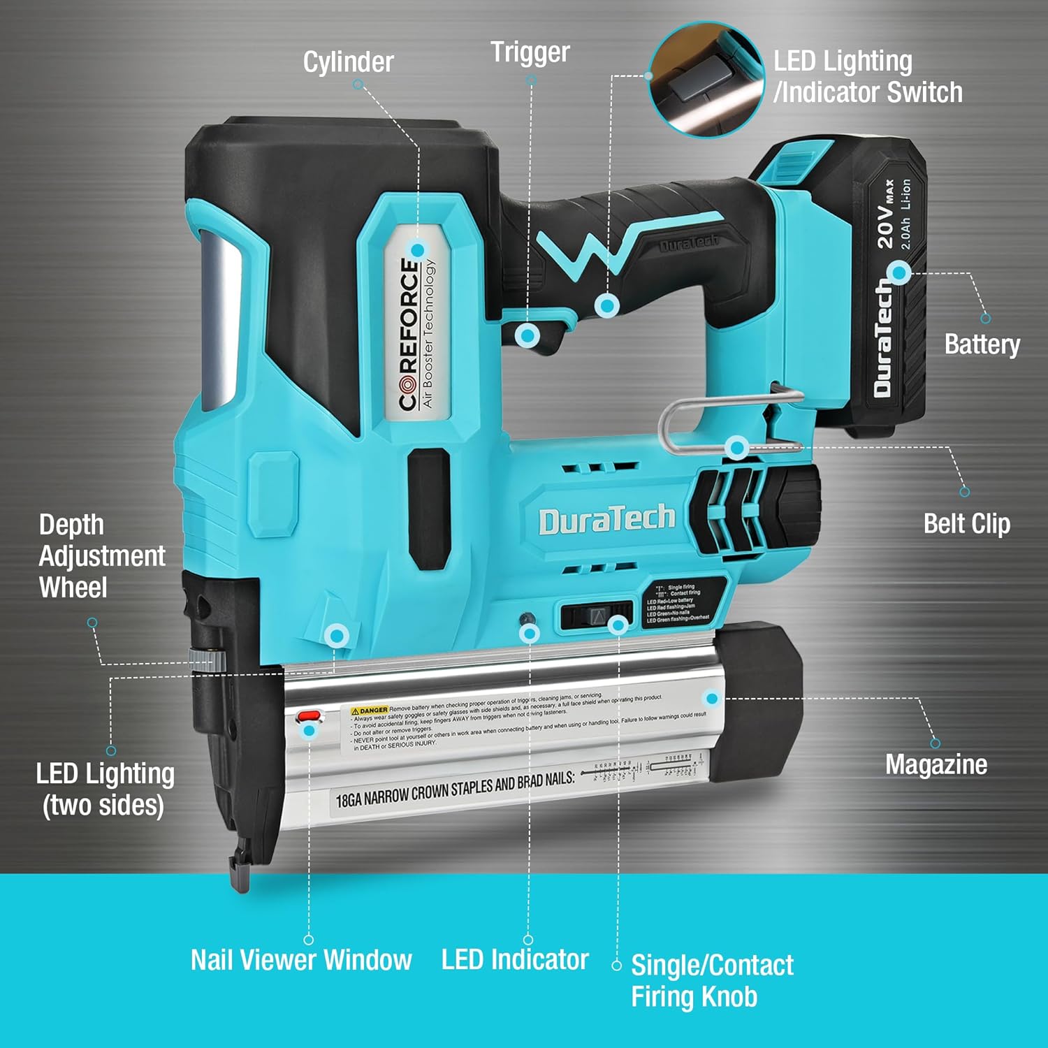 BRAD NAILERS, BRAND, CATEGORY, DURATECH, DURATECH 20V Cordless Brad Nailer, 18 Gauge, 2-in-1 Nail/Staple Gun for Upholstery, Carpentry, Including 2.0Ah Rechargeable Battery, 1H Quick Charger, 1000 Staples, 1000 Nails and Carrying Case