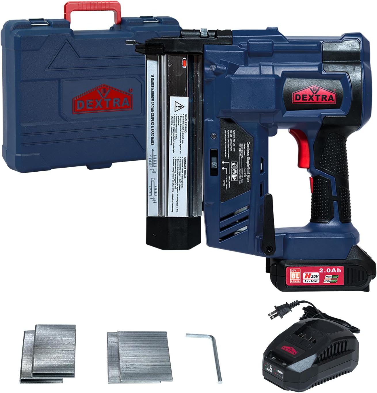 BRAD NAILERS, BRAND, CATEGORY, DEXTRA, Dextra Cordless Electric Nail Gun 20V, 18 Gauge 2 in 1 Cordless Nail Gun/Staple Gun, Battery Powered with 2.0Ah, Fast Charger,Brushless Motor,Staples and Nails for Trim,Carpenter,Upholstery