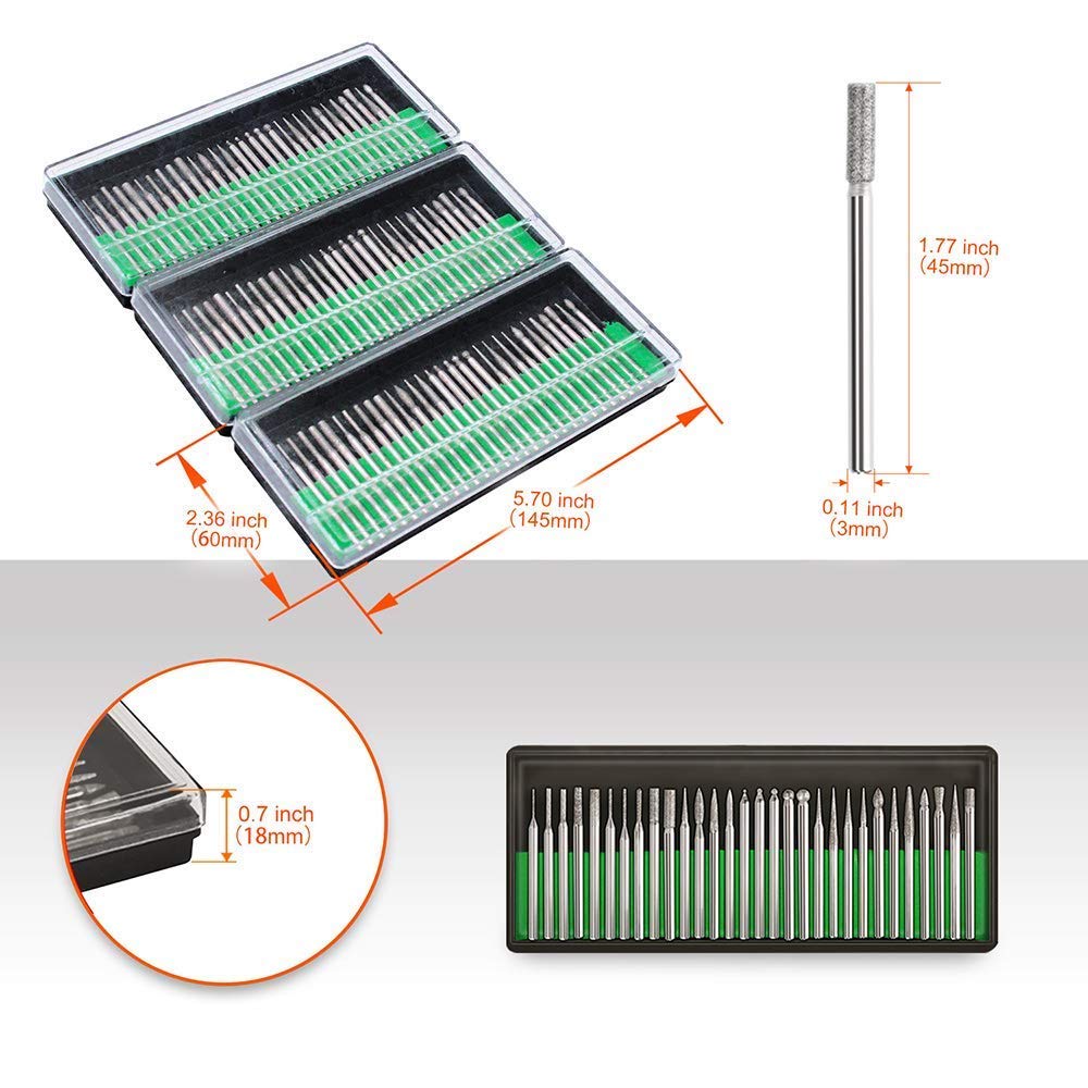 BRAND, CATEGORY, ROTARY TOOLS, ZFE, Diamond Burr Bits Drill Kit for Rotary Tool Metal Woodworking Router Grinding Engraving Carving- 1/8"(3mm) Shank Pack of 90Pcs/ 3 Sets