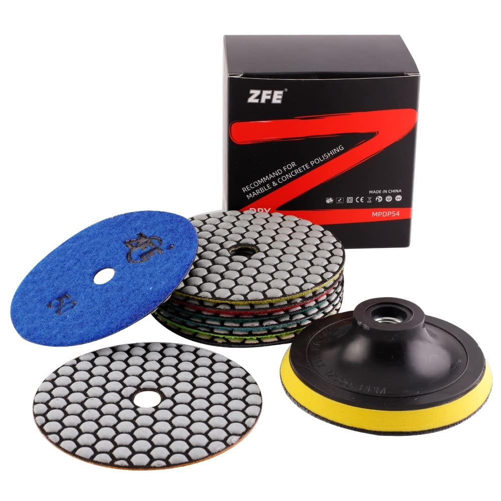 BRAND, BUFFING & POLISHING PADS, CATEGORY, ZFE, Diamond Polishing Pads, ZFE 9Pcs 4 Inch 100mm Dry Polishing Pads Set with 5/8”-11 Backing Plate for Granite Concrete Marble Quartz Stone Countertop Polishing