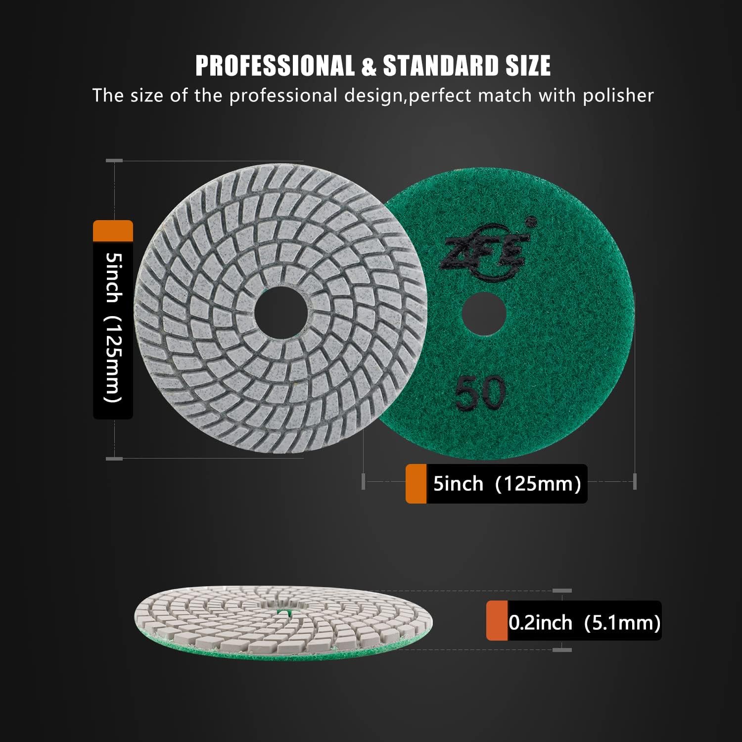 BRAND, CATEGORY, POLISHERS & BUFFERS, ZFE, Diamond Wet Polishing Pads Set, 5 inch 15Pcs Pads for Granite Stone Concrete Marble Floor Grinder or Polisher, 50#-6000# with Hook & Loop Backing Holder Pads for Wet Polisher