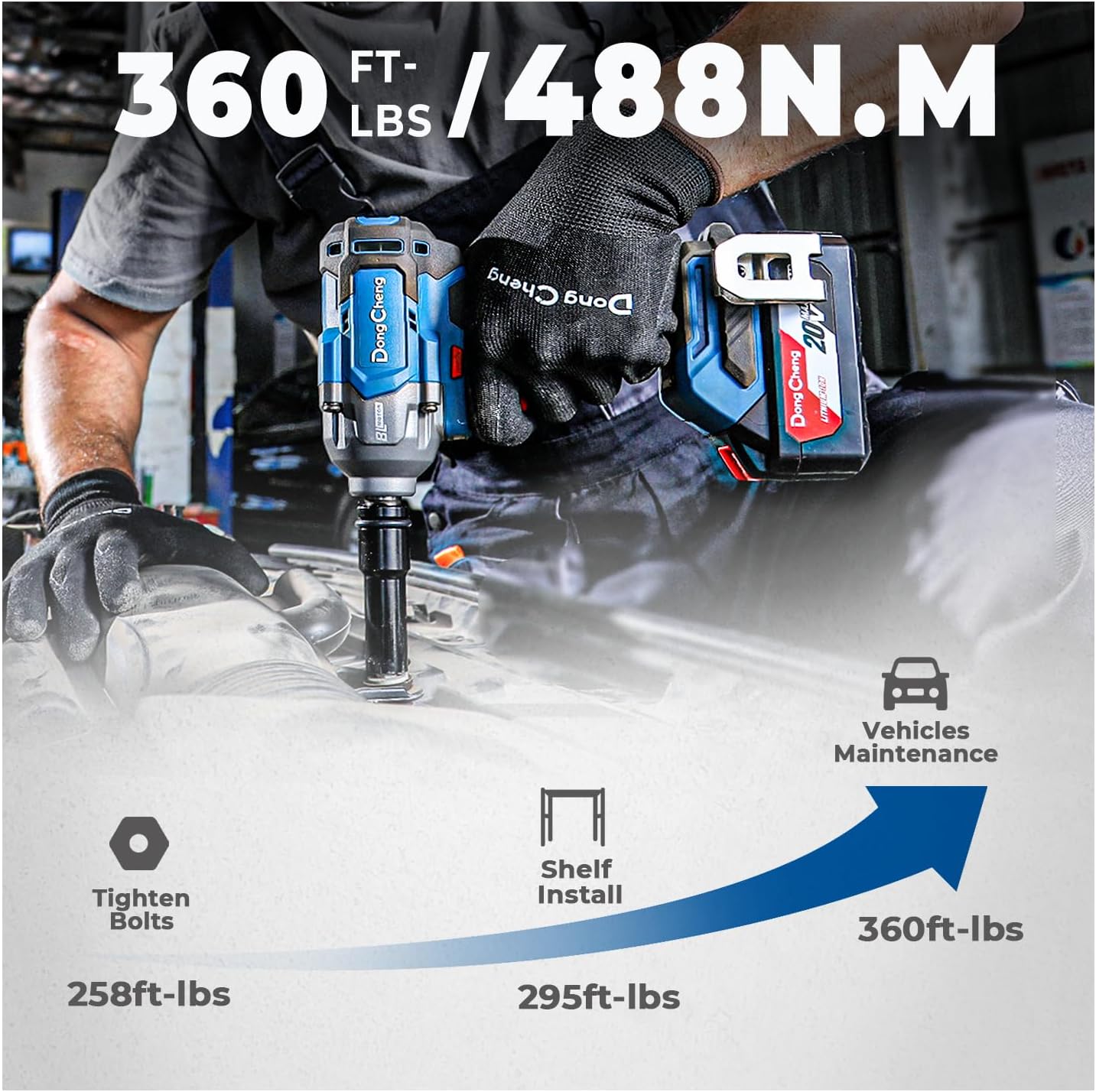 BRAND, CATEGORY, DONG CHENG, IMPACT WRENCHES, Dong Cheng 20V Cordless Impact Wrench, Max Torque 360 ft-lbs (488N.m), 1/2 inch with 3 Mode Speed, 2400 RPM Brushless Impact Gun, Includes 4.0Ah Battery, Charger, 4 Impact Sockets (Impact Wrench)