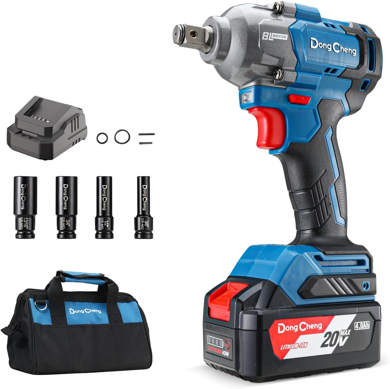 BRAND, CATEGORY, DONG CHENG, IMPACT WRENCHES, Dong Cheng 20V Cordless Impact Wrench, Max Torque 360 ft-lbs (488N.m), 1/2 inch with 3 Mode Speed, 2400 RPM Brushless Impact Gun, Includes 4.0Ah Battery, Charger, 4 Impact Sockets (Impact Wrench)