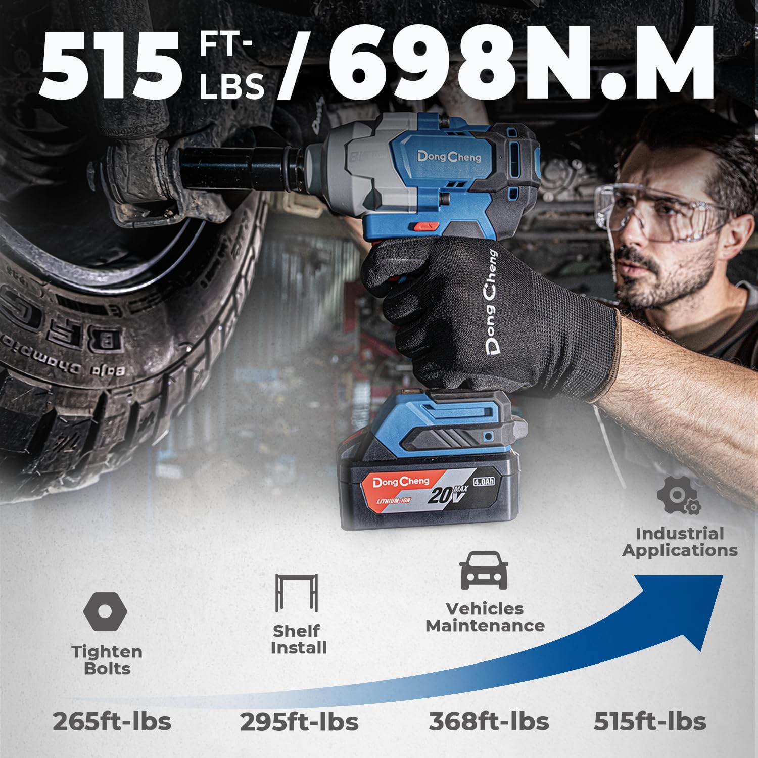 BRAND, CATEGORY, DONG CHENG, IMPACT WRENCHES, Dong Cheng 20V Cordless Impact Wrench, Max Torque 515 ft-lbs (698N.m), 1/2 inch with 4 Mode Speed, 2200 RPM Brushless Impact Gun, Includes 4.0Ah Battery, Charger, 4 Impact Sockets and Kit Bag