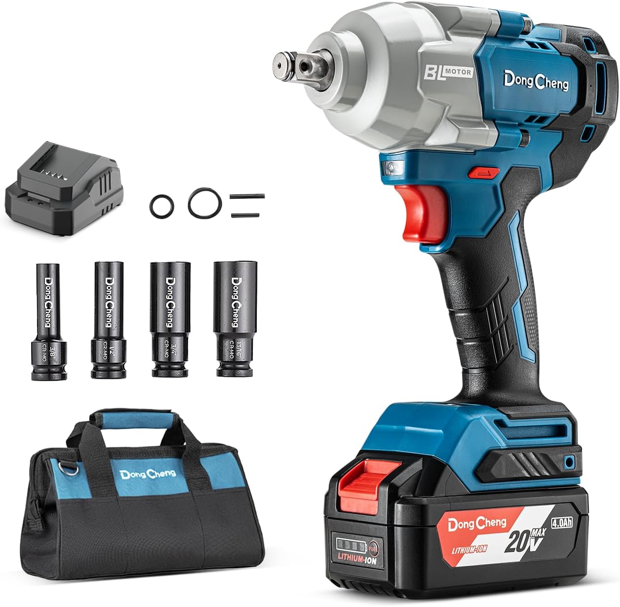 BRAND, CATEGORY, DONG CHENG, IMPACT WRENCHES, Dong Cheng 20V Cordless Impact Wrench, Max Torque 515 ft-lbs (698N.m), 1/2 inch with 4 Mode Speed, 2200 RPM Brushless Impact Gun, Includes 4.0Ah Battery, Charger, 4 Impact Sockets and Kit Bag