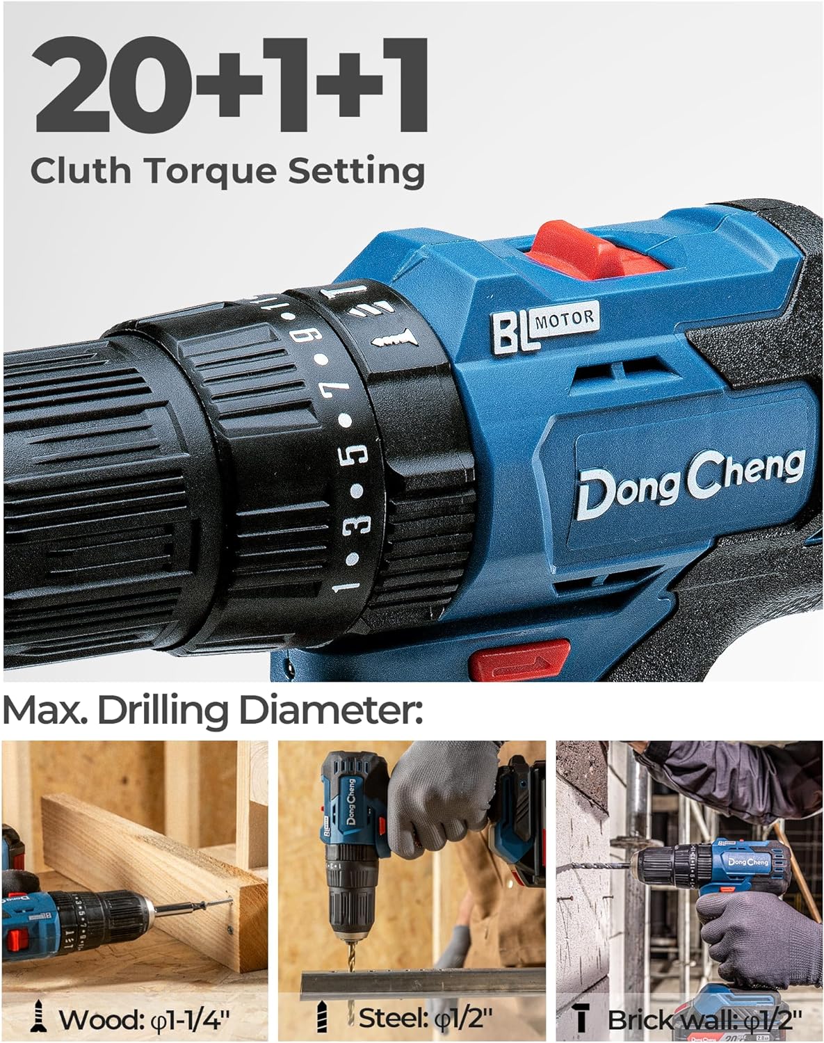 BRAND, CATEGORY, DONG CHENG, HAMMER DRILLS, DongCheng 20V MAX Brushless Cordless 1/2" Hammer Drill Kit, 2 Batteries and Charger, 20+1+1 Metal Clutch, 435 in.lbs, 27000 IPM Compact Impact Drill for Drilling Brick Wall, Metal, Wood, Screws