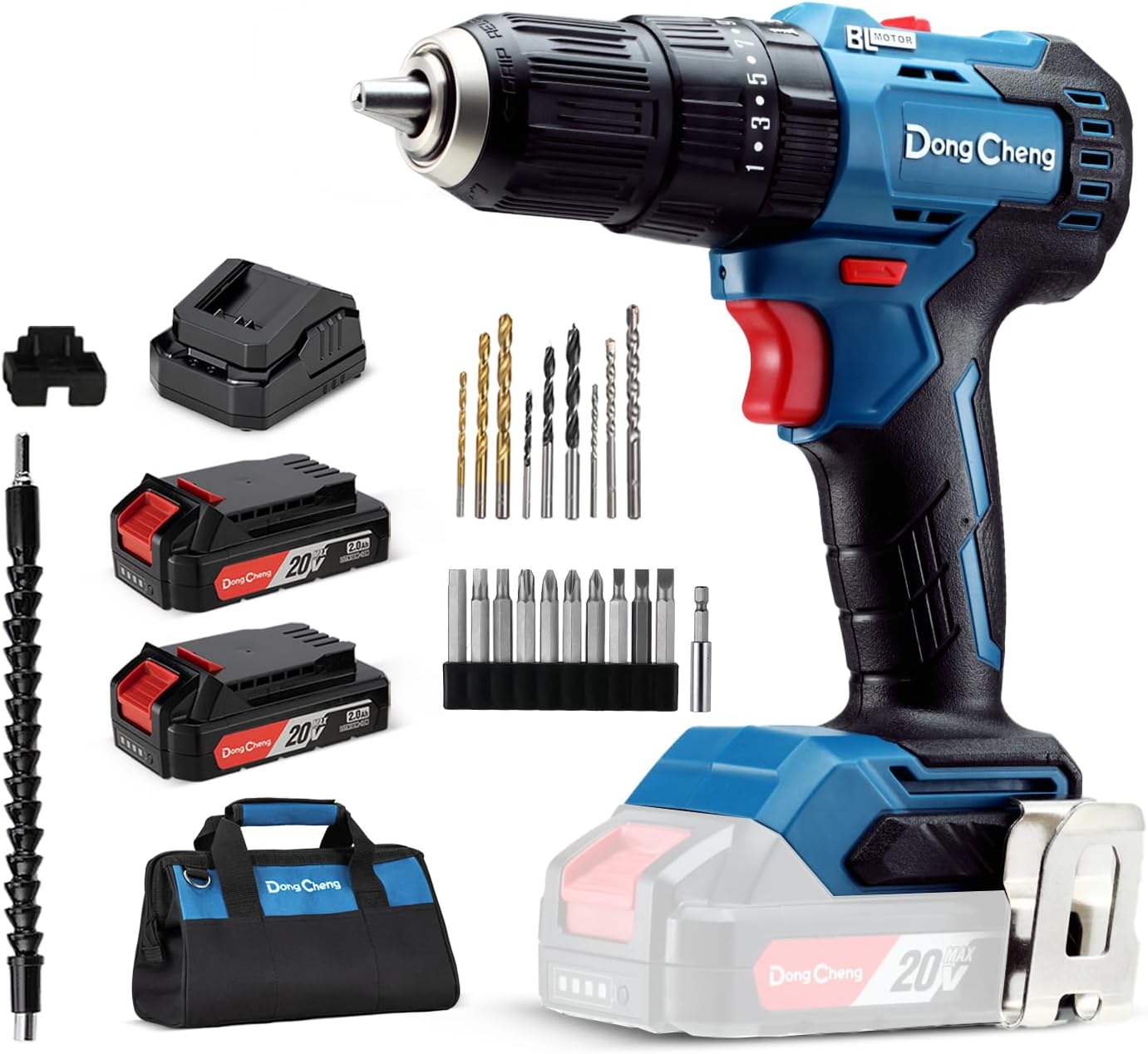 BRAND, CATEGORY, DONG CHENG, HAMMER DRILLS, DongCheng 20V MAX Brushless Cordless 1/2" Hammer Drill Kit, 2 Batteries and Charger, 20+1+1 Metal Clutch, 435 in.lbs, 27000 IPM Compact Impact Drill for Drilling Brick Wall, Metal, Wood, Screws