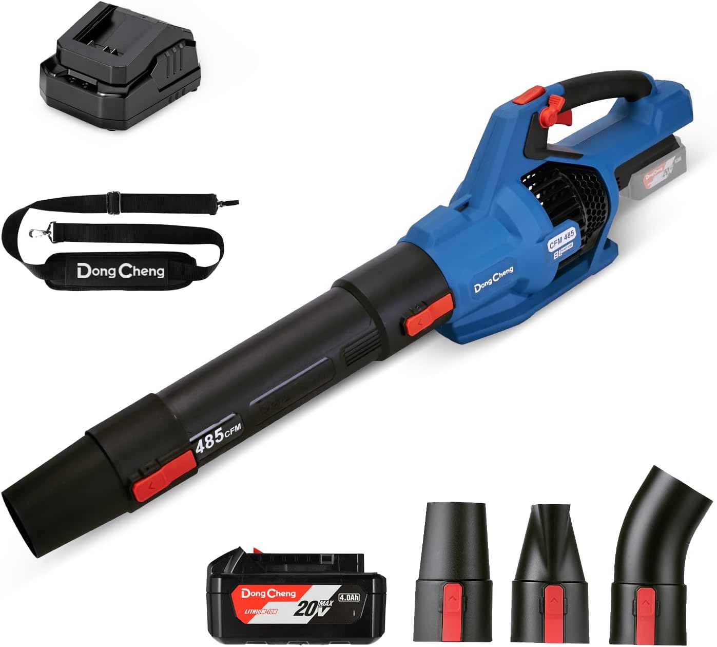 BRAND, CATEGORY, DONG CHENG, LEAF BLOWERS, DongCheng Cordless Leaf Blower, 485 CFM Variable Speed & Turbo Mode, 3 Nozzles, Shoulder Strap, 4.0Ah Battery and Charger Included, Battery Powered Leaf Blower for Town Care, Patio and Blowing Leaves