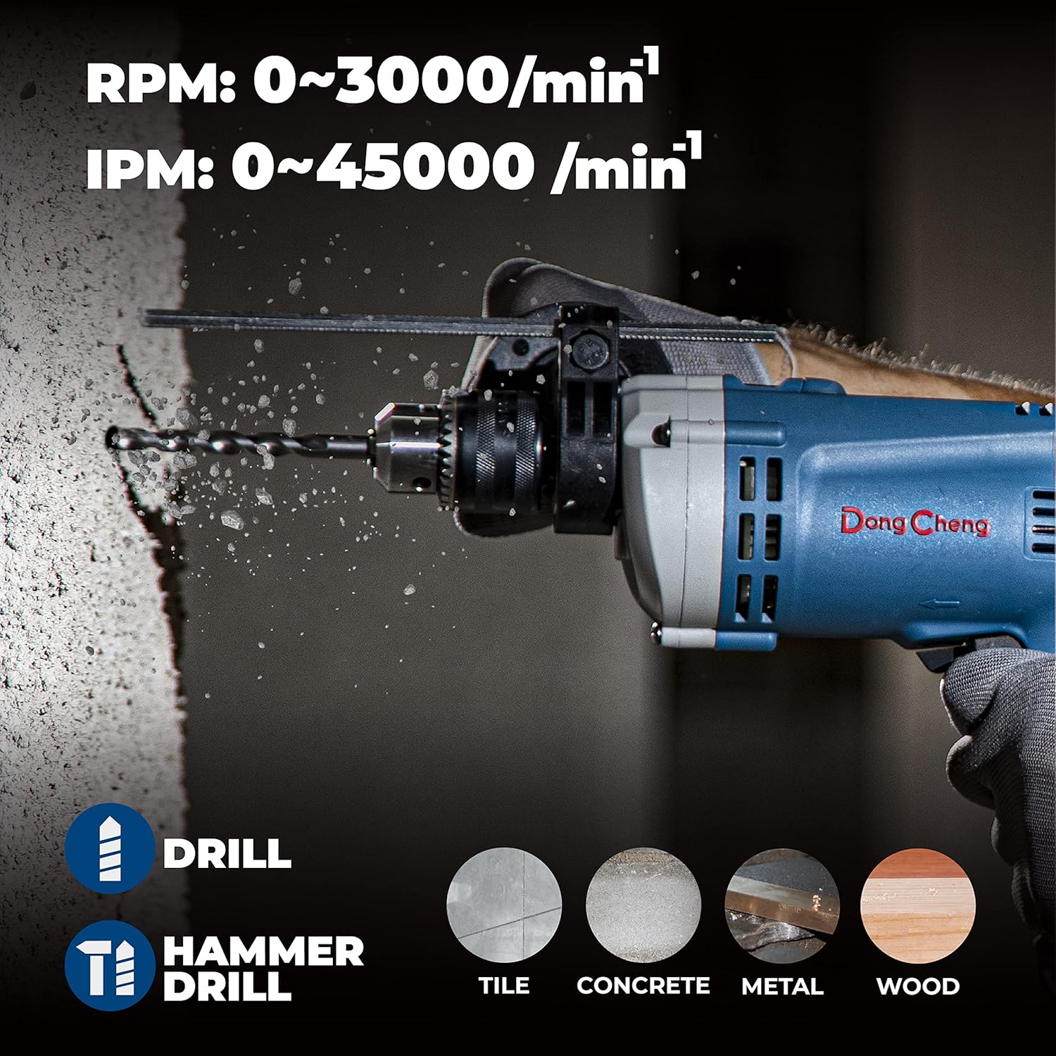 BRAND, CATEGORY, DONG CHENG, HAMMER DRILLS, DongCheng Hammer Drill 6A,1/2 Inch Keyed Chuck, 0-3000 RPM/45000 BPM Impact Drill with 15PCS Drilling Bits for Concrete，Metal & Wood, DZJ05-13