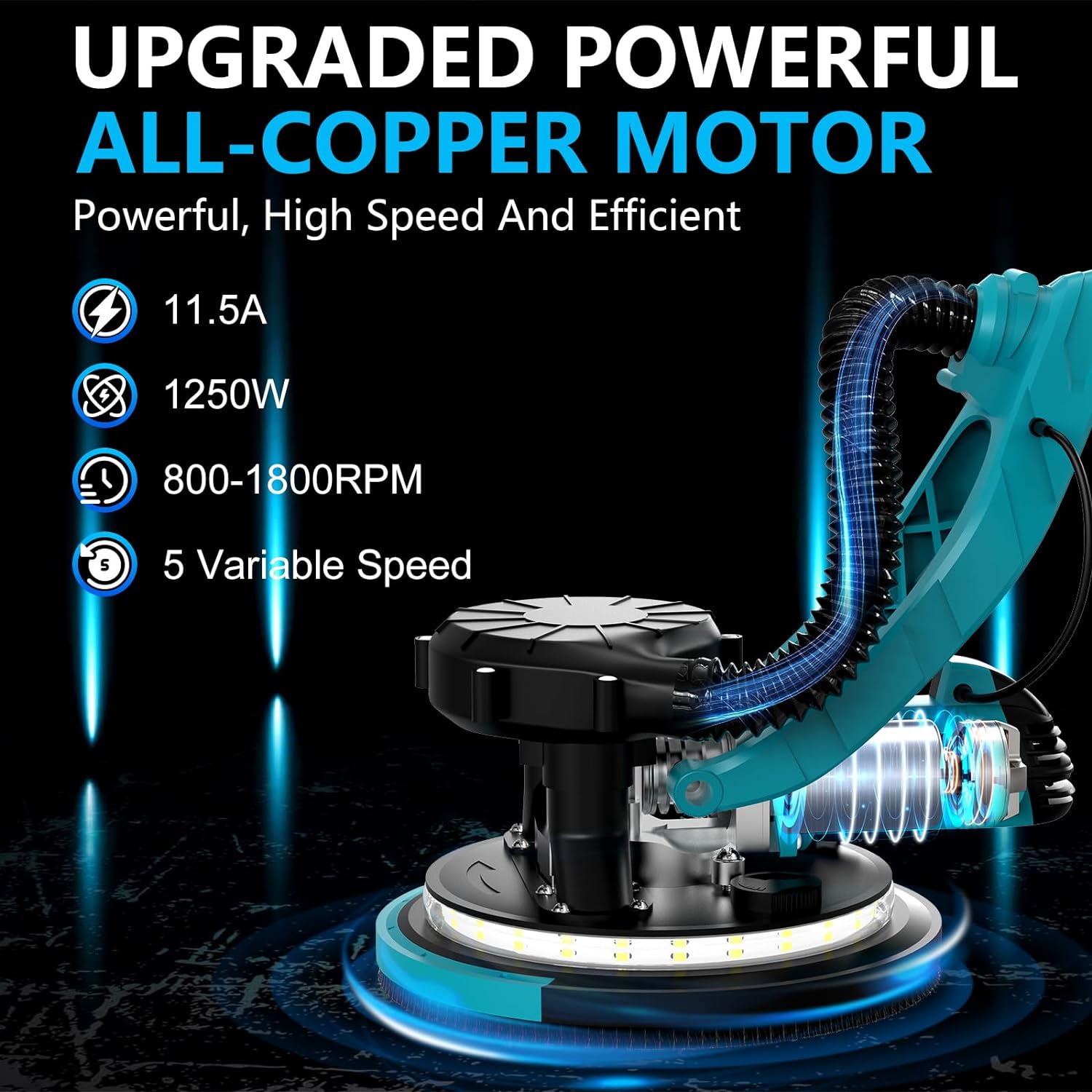 BRAND, BSDONTE, CATEGORY, DISC SANDERS, Drywall Sander, 1250W 11.5-Amp Electric Drywall Sander with Vacuum, Popcorn Ceiling Removal Tool with Variable Speed 800-1800RPM, Foldable & Extendable Handle, LED Light, 18pcs Sanding Discs