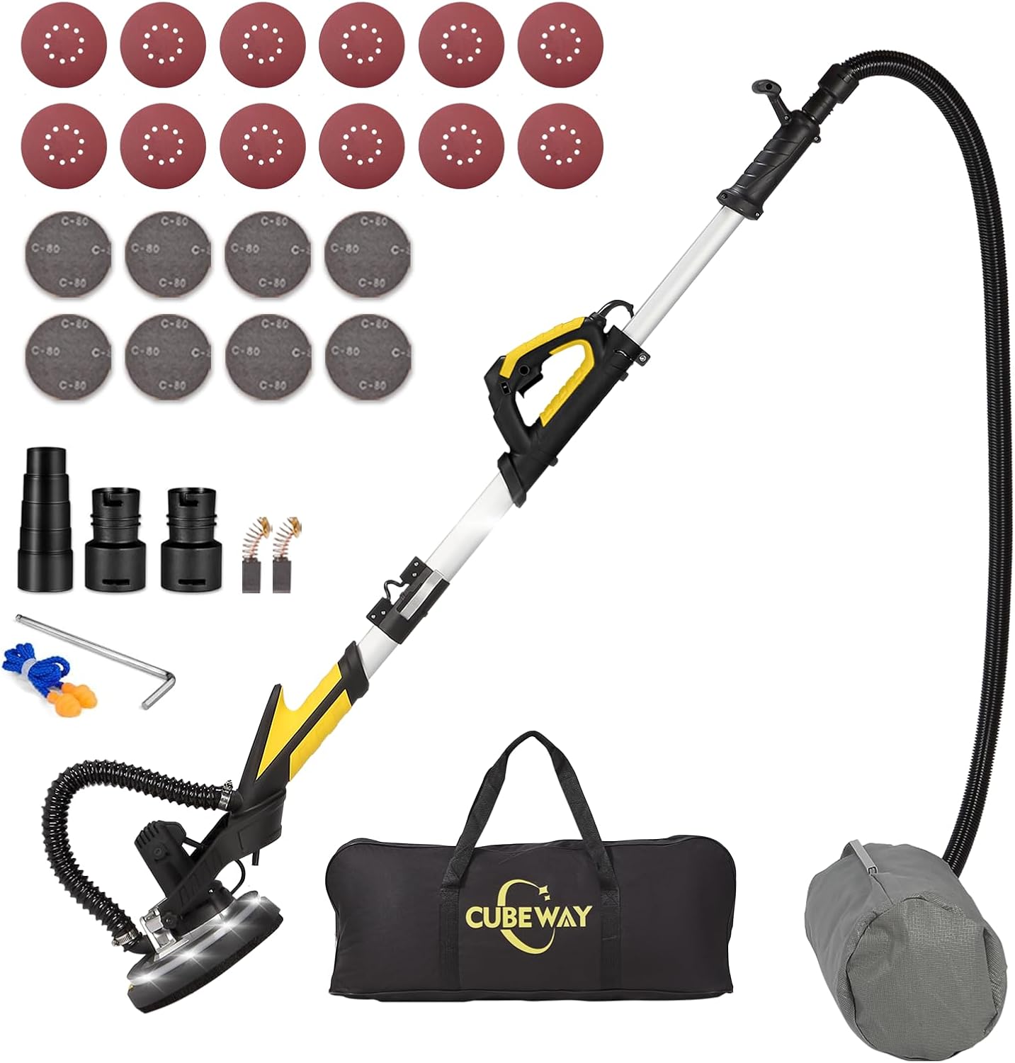 BRAND, CATEGORY, CUBEWAY, DISC SANDERS, Drywall Sander, 6.5A Pole Electric Drywall Sander with Vacuum, 7 Variable Speed Popcorn Ceiling Removal Tool Machine with 26FT Power Cable, LED Light, 20 PCS Sandpapers for Floor Wall Ceiling