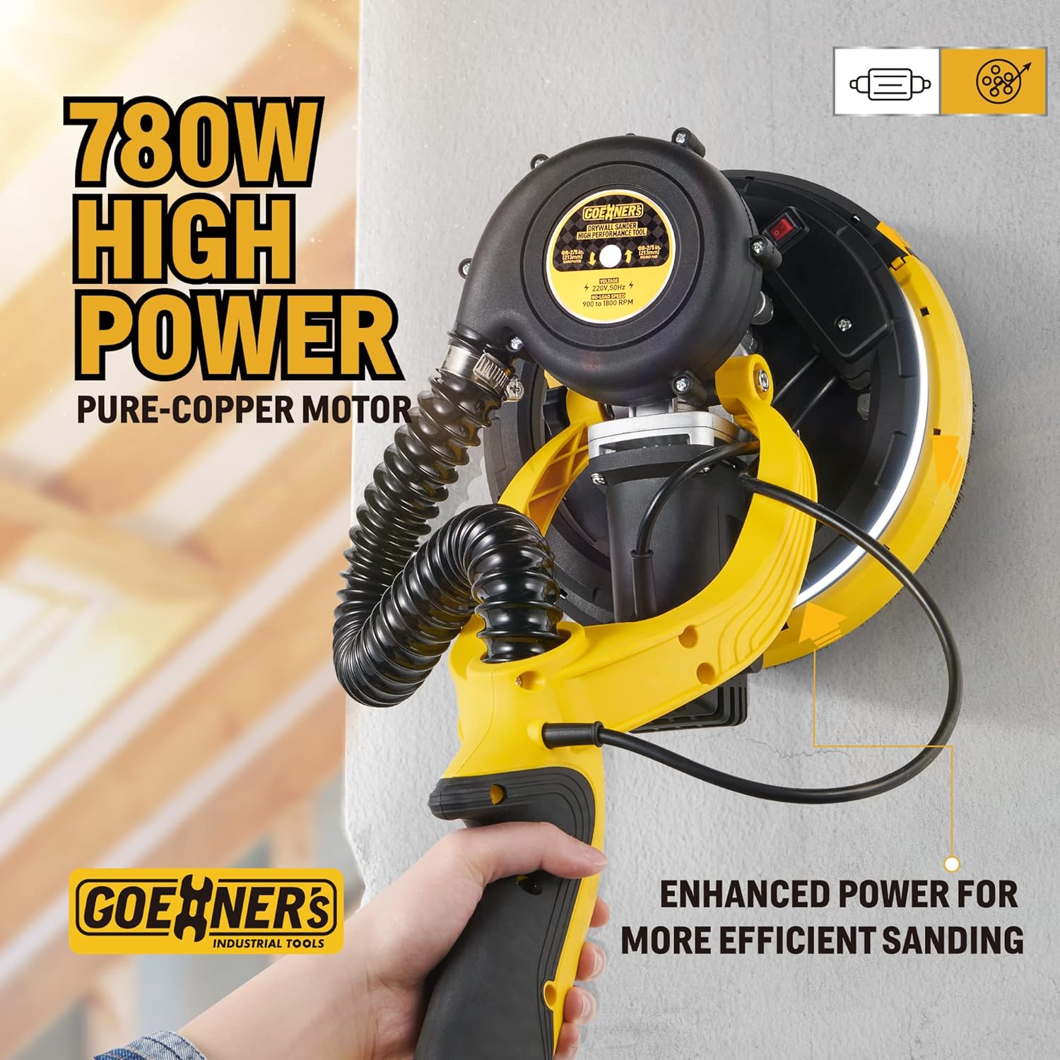 BRAND, CATEGORY, DISC SANDERS, GIOVENTOTHER, Drywall Sander, Electric Drywall Sander with Vacuum, Automatic Dust Removal, 7 Variable Speed, 900-1800RPM, 26’ Power Cord, Labor-Saving Handle and Patented Fixture for Ceiling Sanding, LED Light