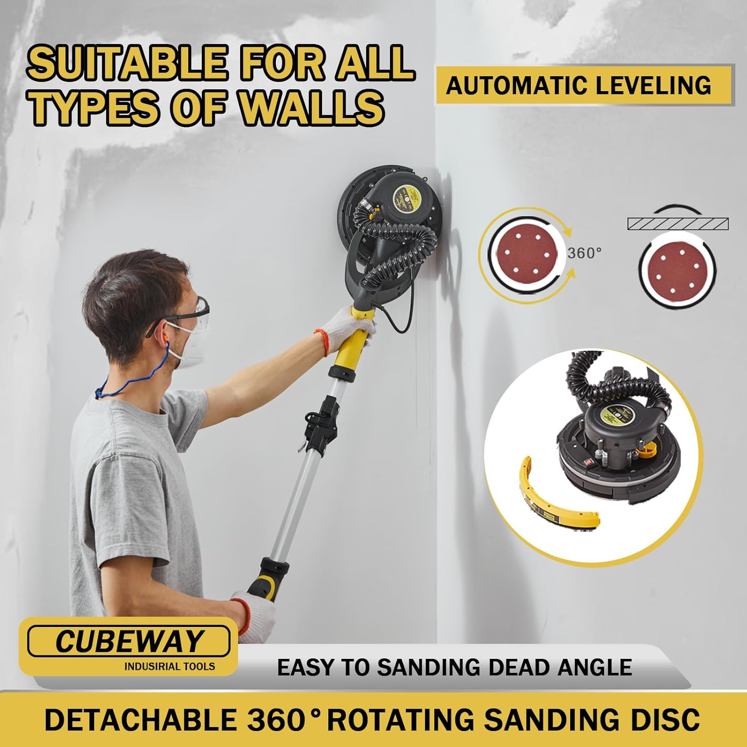 BRAND, CATEGORY, CUBEWAY, DISC SANDERS, Drywall Sander with Vacuum Attachment, 780W 6.5A Popcorn Ceiling Removal Tool Machine, Auto Dust Absorption, 7 Variable Speed, LED Light, 12pcs Sanding Discs, Wall Sander for Popcorn Ceiling