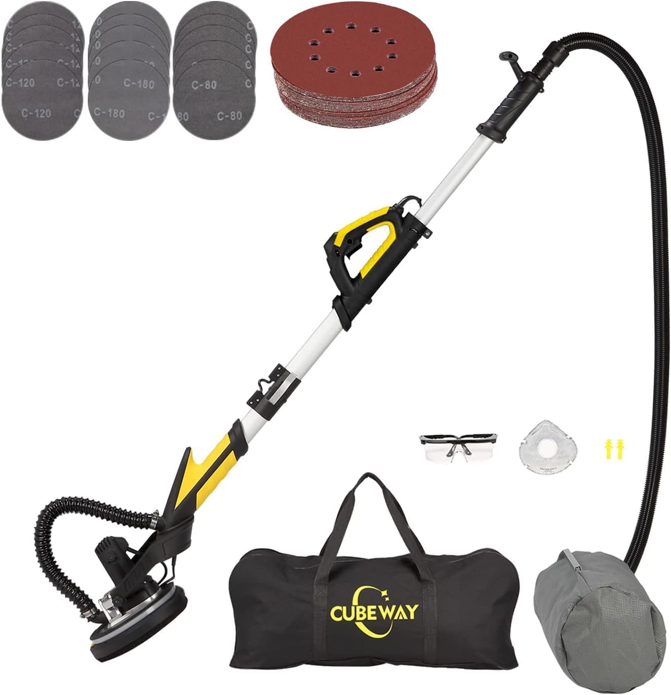 BRAND, CATEGORY, CUBEWAY, DISC SANDERS, Drywall Sander with Vacuum, Labor-Saving Handle and Unique Fixture for Ceiling Sanding, Electric Drywall Sander with LED Light, ETL Listed, CUBEWAY