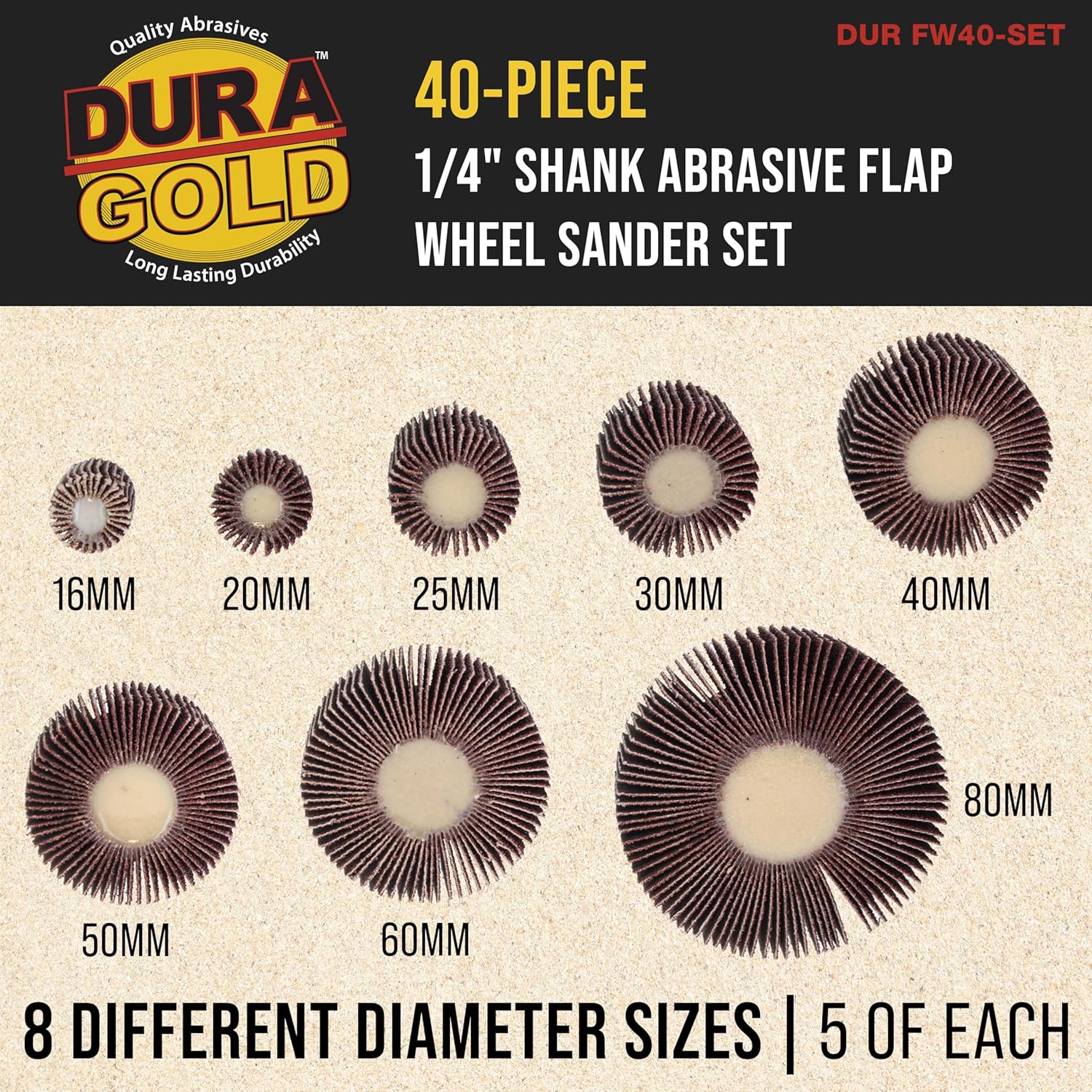 BRAND, CATEGORY, DURA-GOLD, FLAP WHEELS, Dura-Gold 40-Piece 1/4" Shank Abrasive Flap Wheel Sander Set, 80 Grit Aluminum Oxide Sandpaper - 8 Cylindrical Diameter Sanding Wheel Sizes - Use Drills, Grinders to Sand Grind Strip Metal, Wood Paint