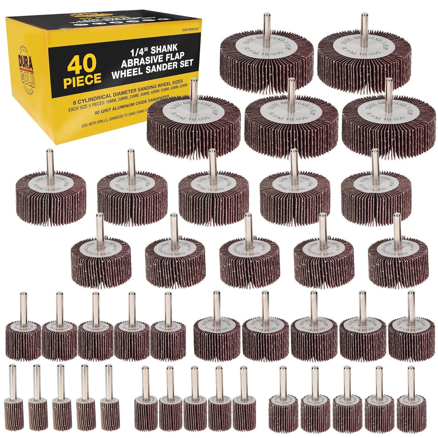 BRAND, CATEGORY, DURA-GOLD, FLAP WHEELS, Dura-Gold 40-Piece 1/4" Shank Abrasive Flap Wheel Sander Set, 80 Grit Aluminum Oxide Sandpaper - 8 Cylindrical Diameter Sanding Wheel Sizes - Use Drills, Grinders to Sand Grind Strip Metal, Wood Paint