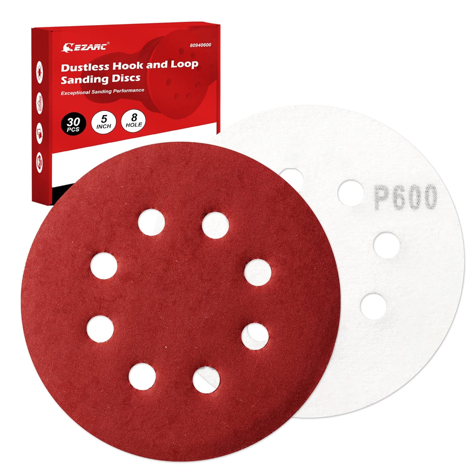 BRAND, CATEGORY, EZARC, HOOK & LOOP DISCS, EZARC 5 Inch 8-Hole Hook and Loop Sanding Discs 600 Grit, Random Orbital Sandpaper for Automotive Car Paint and Woodworking, 30-Piece