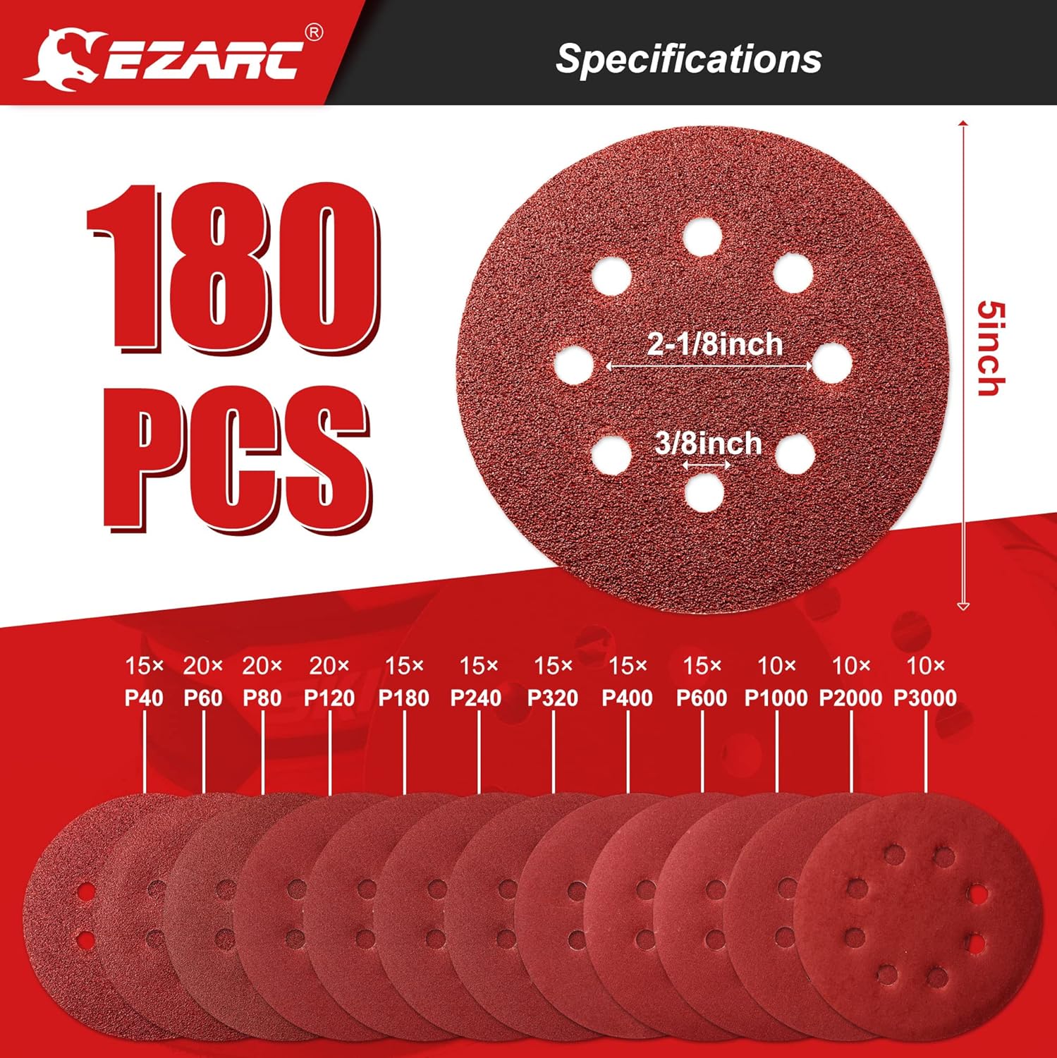 BRAND, CATEGORY, EZARC, HOOK & LOOP DISCS, EZARC 5 Inch 8 Hole Sanding Discs Hook and Loop, 180 PCS Orbital Sander Pads, Include Round Sandpaper 40/60/80/120/180/240/320/400/600/1000/2000/3000 Grits