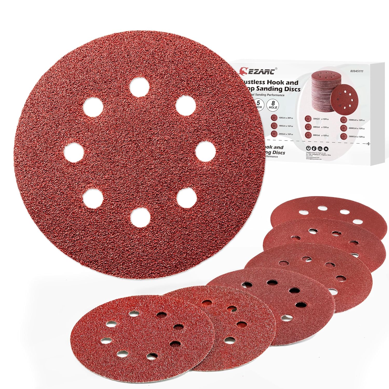 BRAND, CATEGORY, EZARC, HOOK & LOOP DISCS, EZARC 5 Inch 8 Hole Sanding Discs Hook and Loop, 180 PCS Orbital Sander Pads, Include Round Sandpaper 40/60/80/120/180/240/320/400/600/1000/2000/3000 Grits