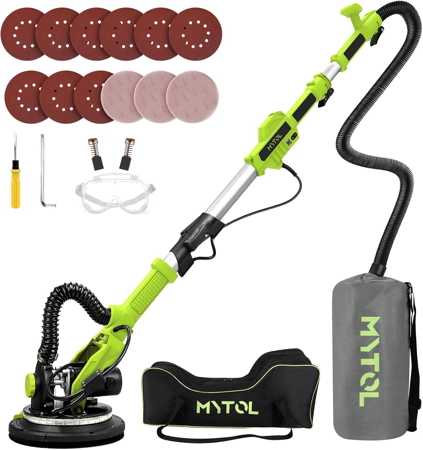 BRAND, CATEGORY, DISC SANDERS, MYTOL, Drywall Sander, 7.2A Electric Drywall Sander with Vacuum Dust Collection, 6 Variable Speed 900-1800RPM, LED Light, Foldable & Extendable Handle, 9 Pcs Sanding discs&3 Pcs Grid Sandpaper