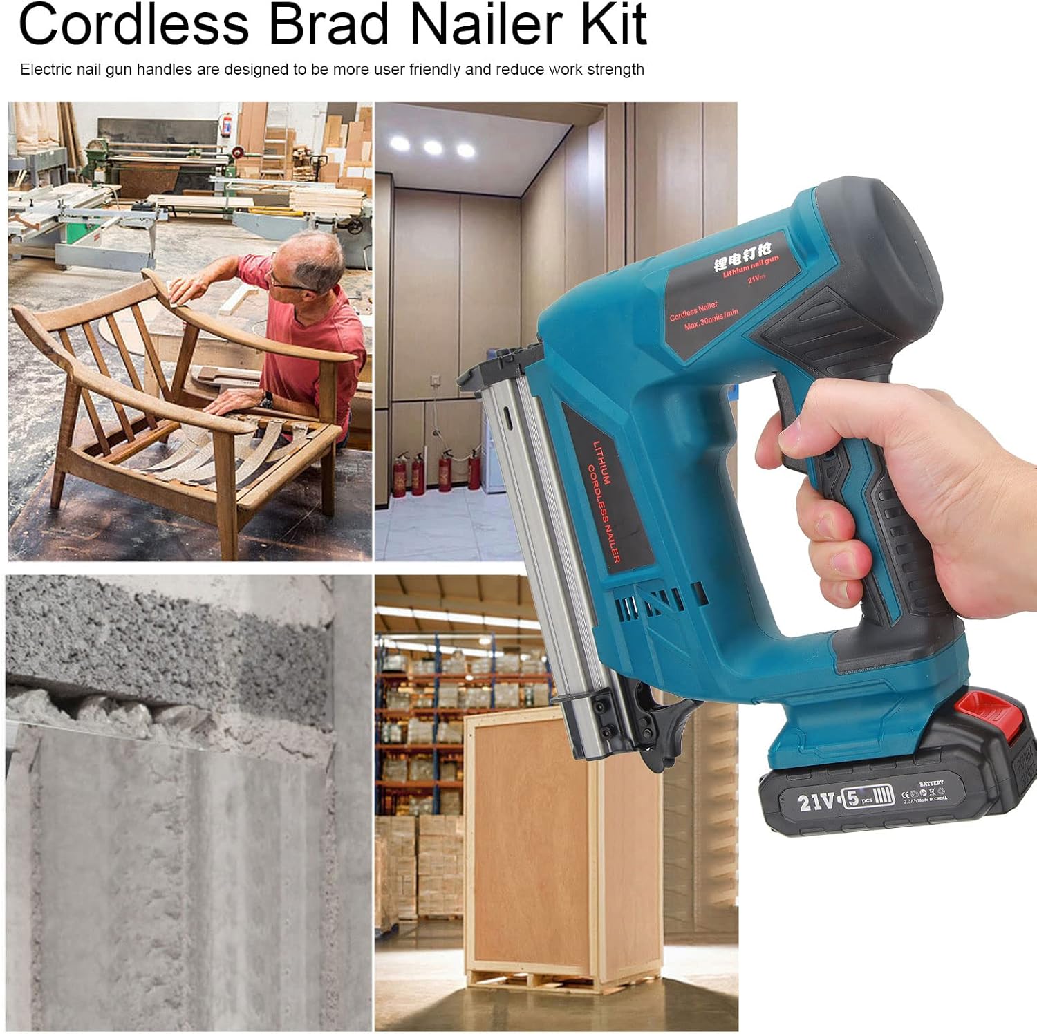 BRAD NAILERS, BRAND, CATEGORY, FTVOGUE, Electric Nail Gun Cordless Brad Nailer Kit with Lithium Batteries US Plug 100‑220V