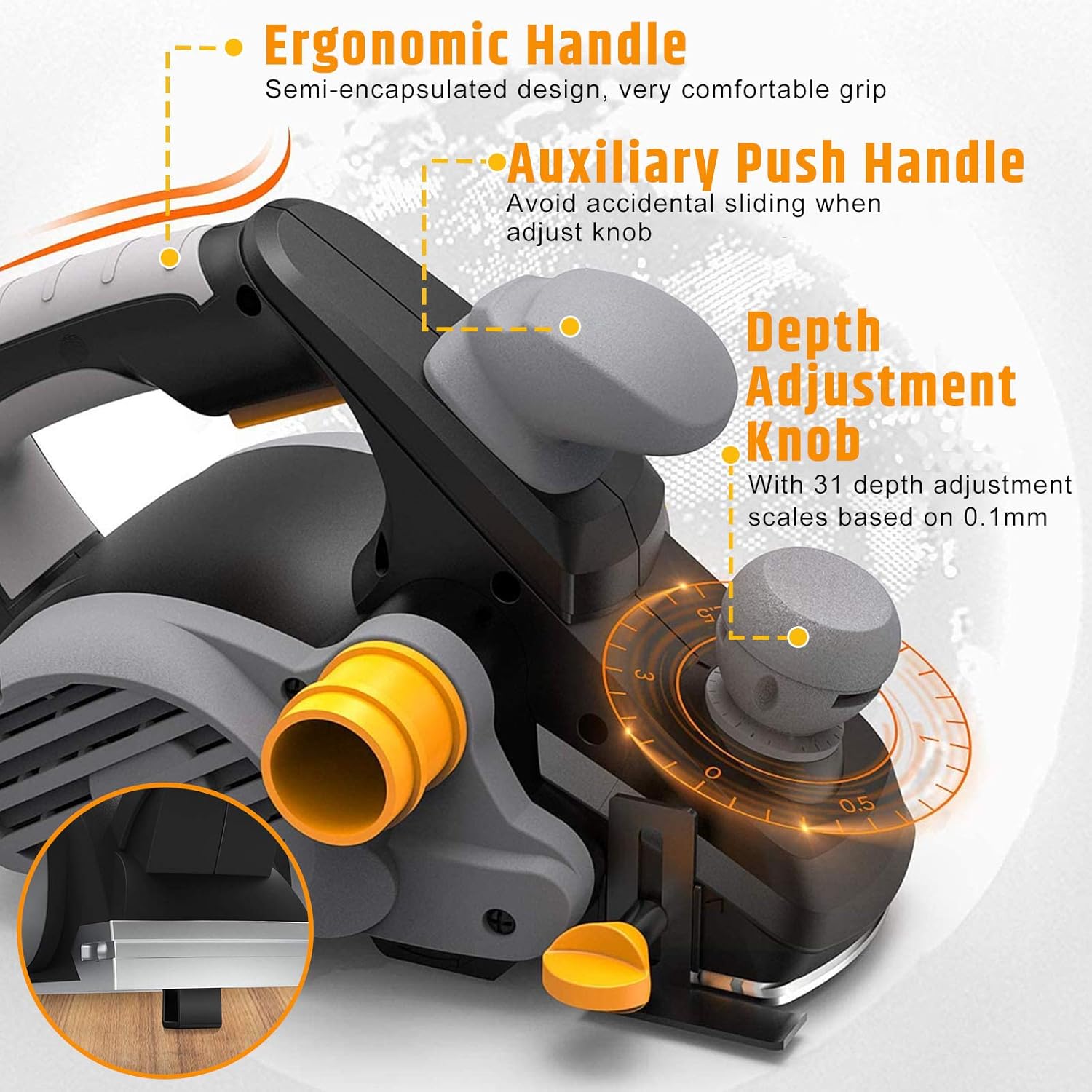 BRAND, CATEGORY, HANDHELD PLANERS, JELLAS, Electric Planer, JELLAS 7.5-Amp 16500 Rpm Power Hand Planer, 3-1/4 Inch Cut Width, Dual-dust out System, Dual-handle Design, Blade Protector, 2 Reversible HSS Blades and 2 Carbon Brushes, EP01