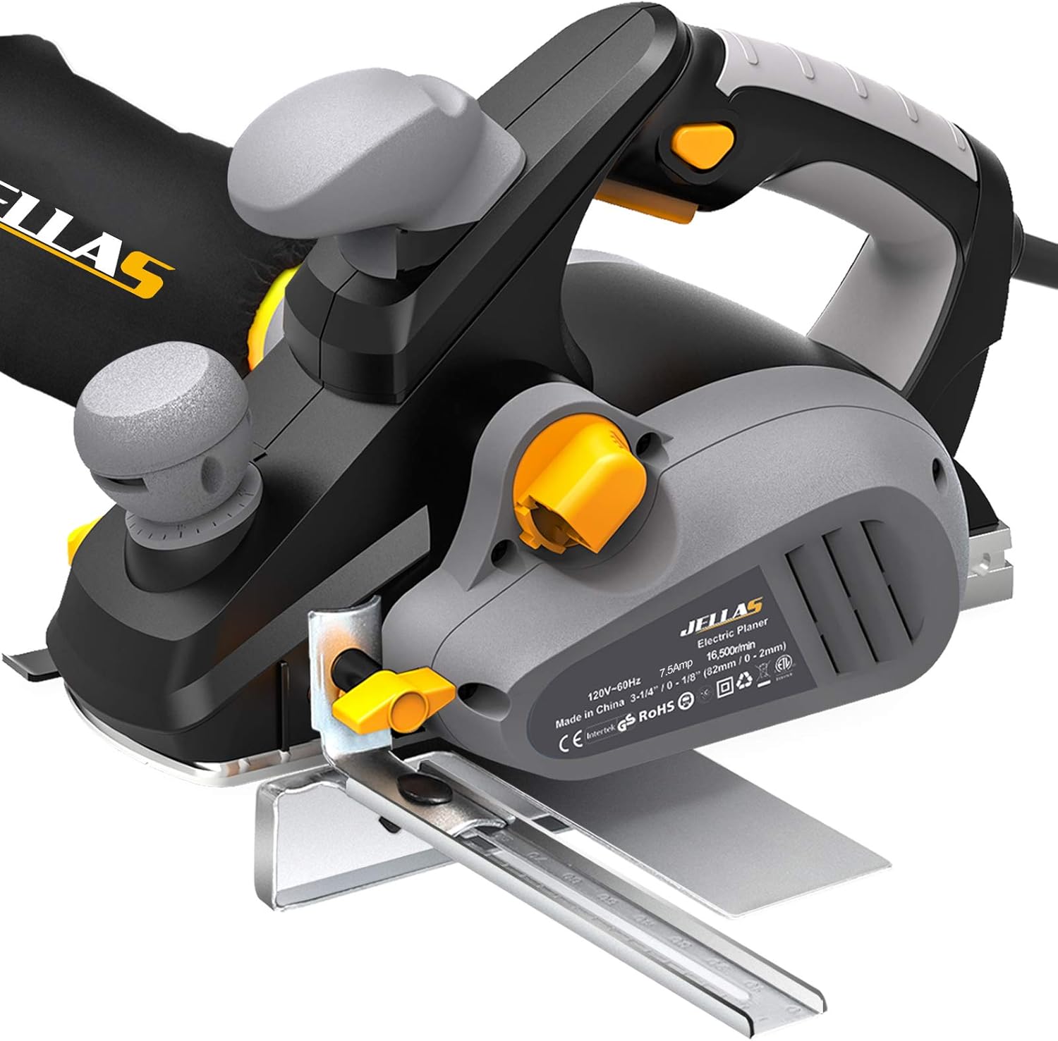 BRAND, CATEGORY, HANDHELD PLANERS, JELLAS, Electric Planer, JELLAS 7.5-Amp 16500 Rpm Power Hand Planer, 3-1/4 Inch Cut Width, Dual-dust out System, Dual-handle Design, Blade Protector, 2 Reversible HSS Blades and 2 Carbon Brushes, EP01