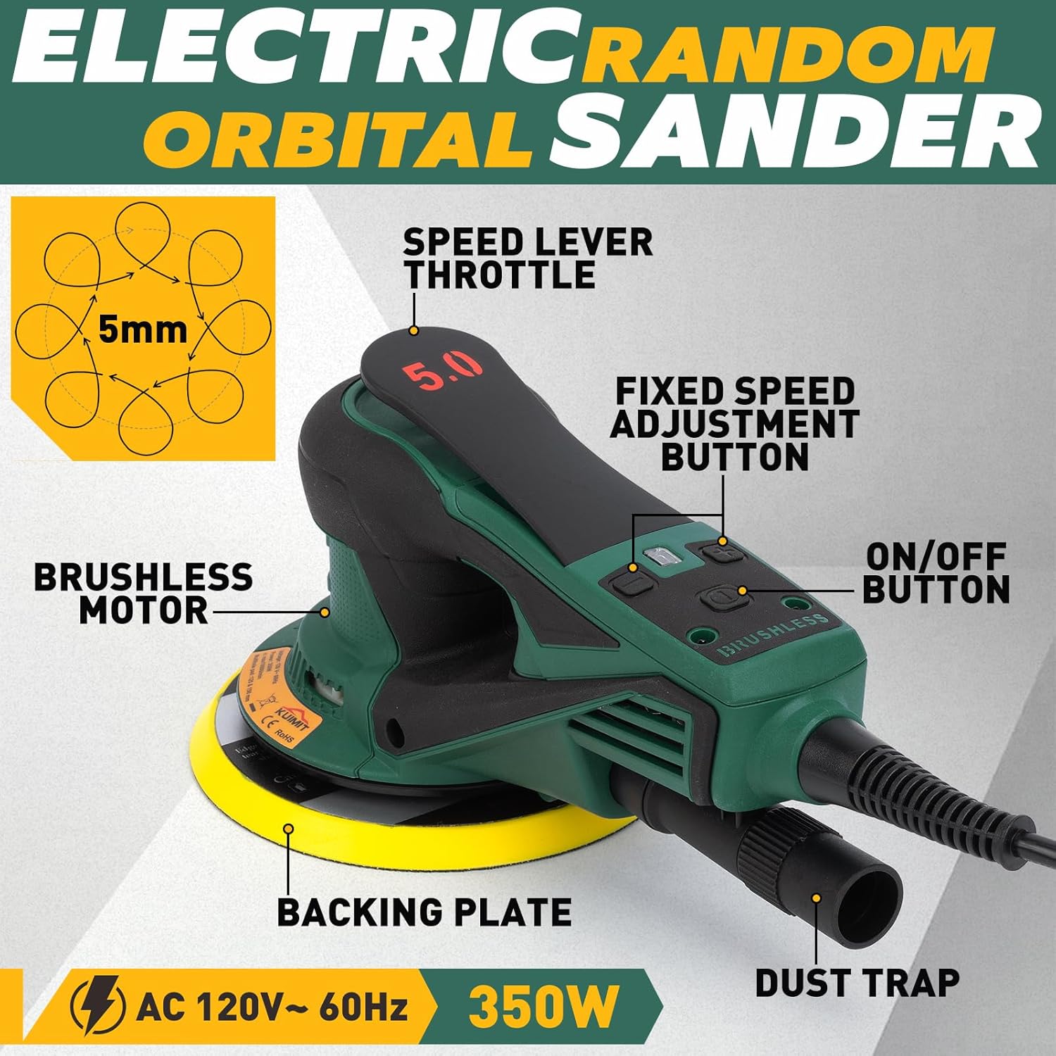 BRAND, CATEGORY, KUIMIT, RANDOM-ORBIT SANDERS, Electric Random Orbital Sander, 350W brushless motor with 5&6-inch pads, 4000-10000RPM Electric Palm Sander for Woodworking, Sanding and Polishing