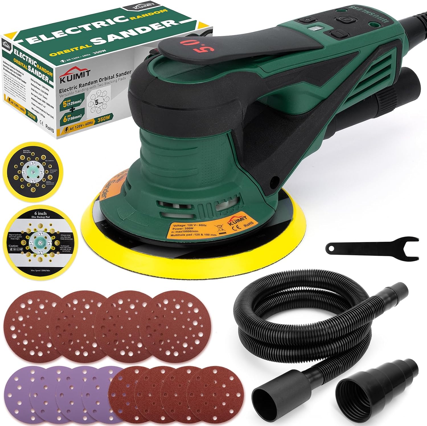 BRAND, CATEGORY, KUIMIT, RANDOM-ORBIT SANDERS, Electric Random Orbital Sander, 350W brushless motor with 5&6-inch pads, 4000-10000RPM Electric Palm Sander for Woodworking, Sanding and Polishing