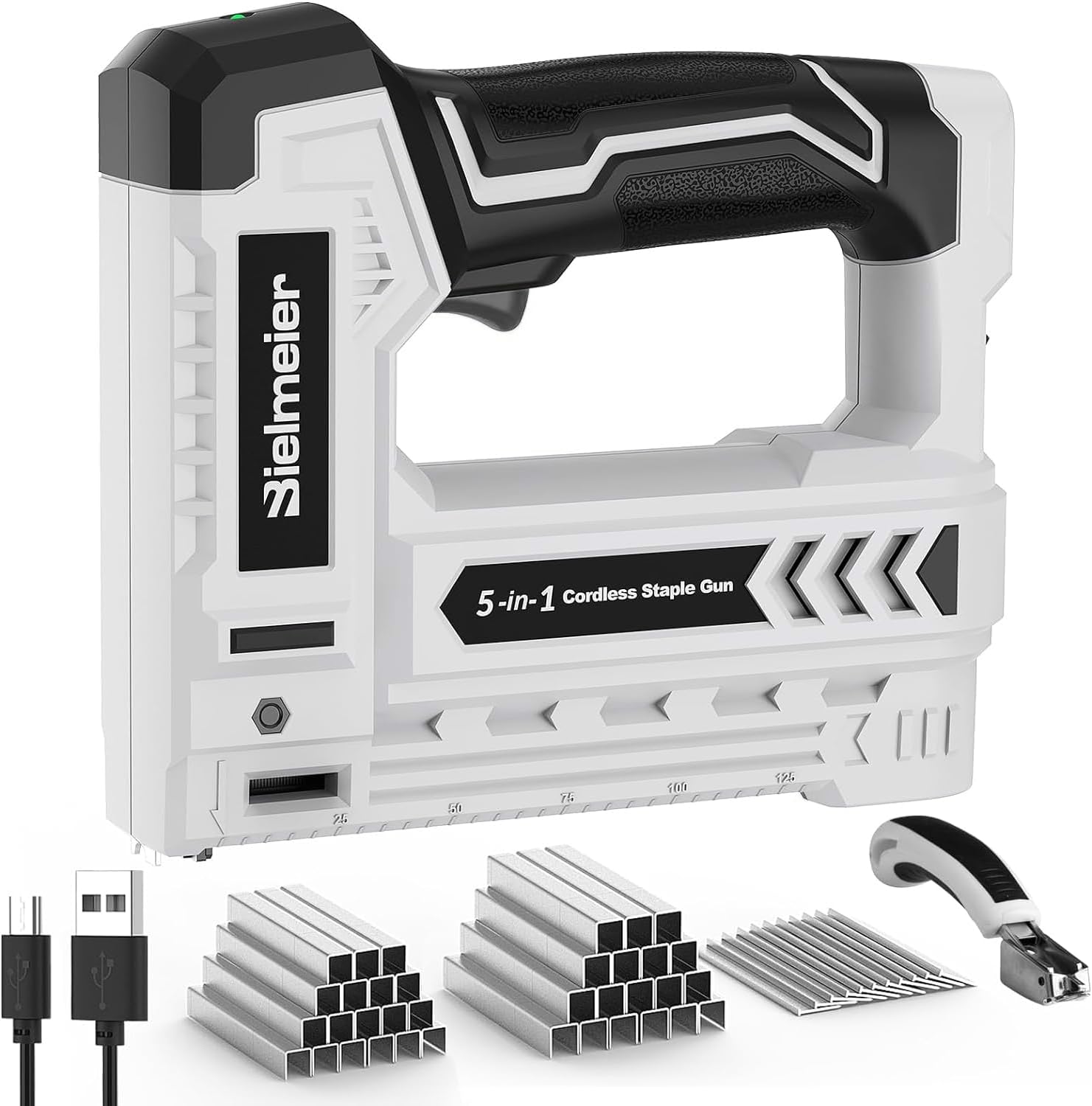 BIELMEIER, BRAND, CATEGORY, STAPLERS & TACKERS, Electric Staple Gun 5 in 1 Band Nailer, 4V Rechargeable Cordless Stapler, Nail Gun Battery Powered with 2,000 Staples and Nails, Power Tacker Pin Nailer for Home Use, Wood, Upholstery, DIY