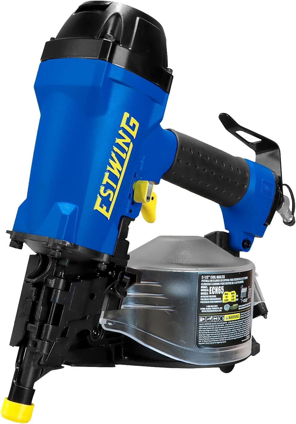 BRAND, CATEGORY, ESTWING, FINISH NAILERS, Estwing ECN65 Pneumatic 15 Degree 2-1/2" Coil Siding Nailer with Adjustable Metal Belt Hook, 1/4" NPT Industrial Swivel Fitting, and Bag