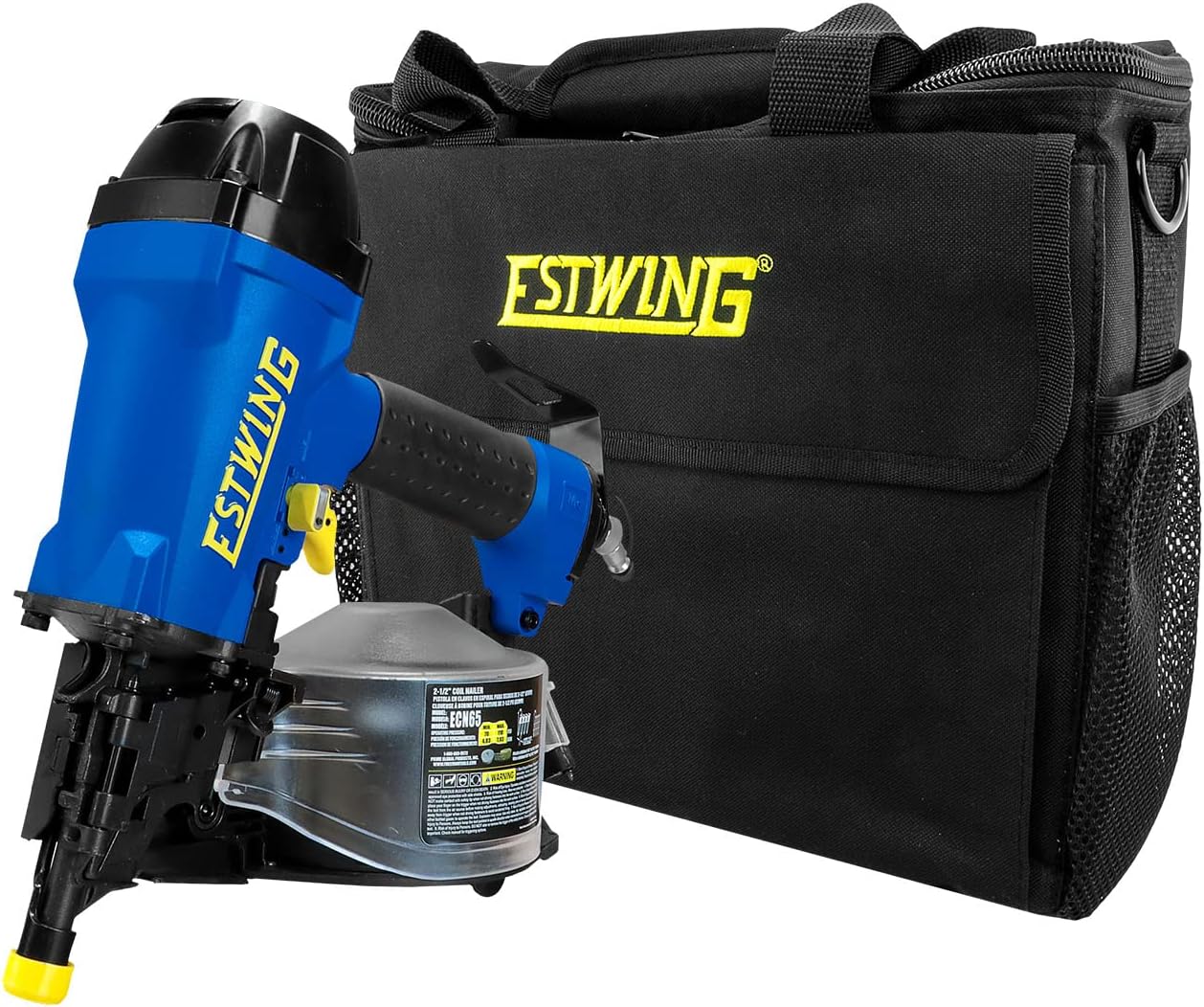 BRAND, CATEGORY, ESTWING, FINISH NAILERS, Estwing ECN65 Pneumatic 15 Degree 2-1/2" Coil Siding Nailer with Adjustable Metal Belt Hook, 1/4" NPT Industrial Swivel Fitting, and Bag