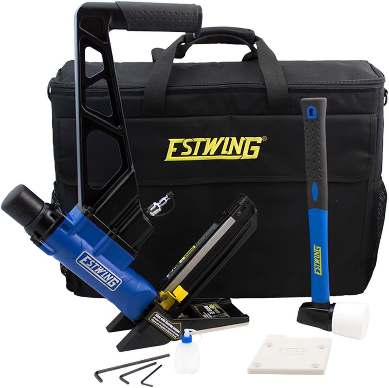 BRAND, CATEGORY, ESTWING, FLOORING NAILERS, Estwing EFL50Q Pneumatic 2-in-1 15.5-Gauge and 16-Gauge 2" Flooring Nailer and Stapler Ergonomic and Lightweight Nail Gun for Hardwood Flooring with Interchangeable Base Plates, No-Mar Feet and Mallet