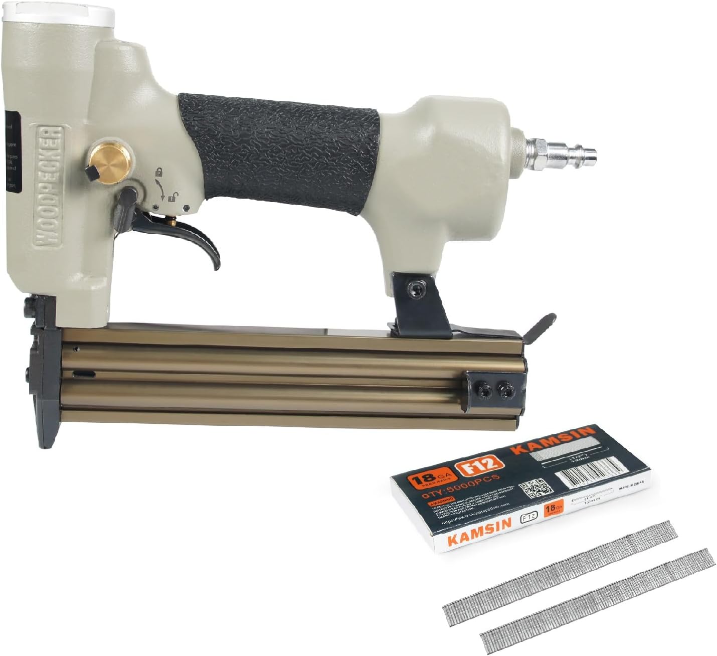 BRAD NAILERS, BRAND, CATEGORY, KAMSIN, F30S 18 Gauge Pneumatic Brad Nail Gun with Safety 1-3/16-Inch Length Air Power Brad Nailer with 5000pcs 1/2-Inch Length Nails for Woodworking Projects, Carpentry, Upholstering