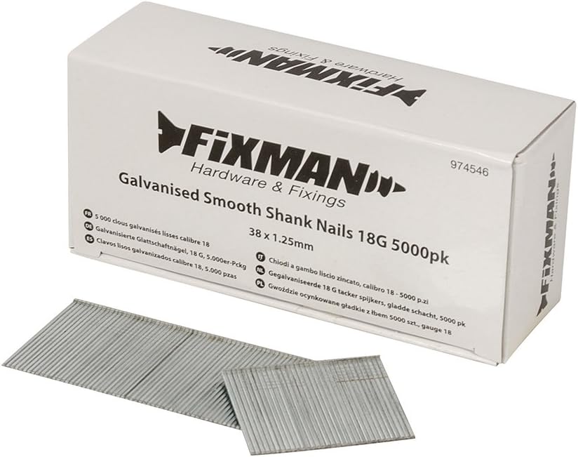 BRAD NAILS, BRAND, CATEGORY, FIXMAN, Fixman 974546 Galvanised Smooth Shank Nails 18G 5000pk 38 x 1.25 mm, Silver