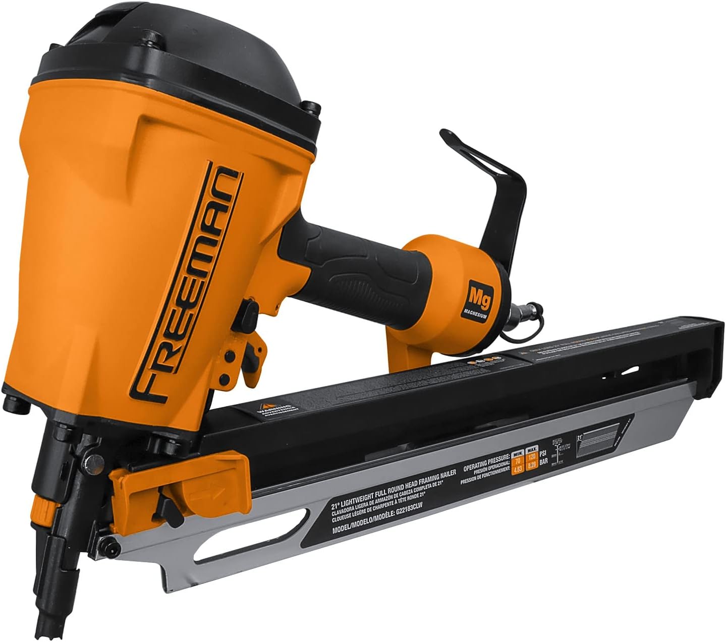 BRAND, CATEGORY, FRAMING NAILERS, FREEMAN, Freeman G22183CLW 2nd Generation Compact Lightweight Pneumatic 21-Degree 3-1/4" Framing Nailer with Adjustable Metal Belt Hook and 1/4" NPT Air Connector