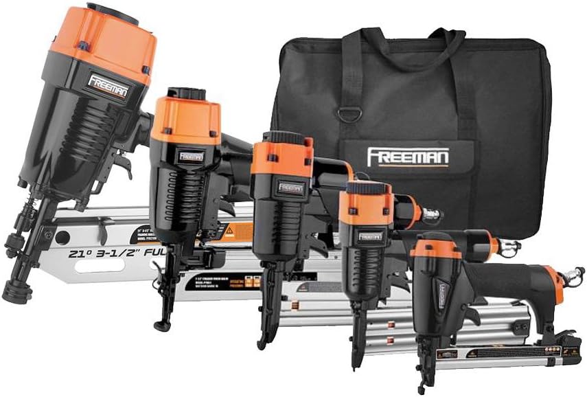 BRAND, CATEGORY, COMBO KITS, FREEMAN, Freeman P5FRFNFWSCB Pneumatic Framing and Finishing Nailers and Staplers Combo Kit with Canvas Bag and Fasteners (5-Piece),Black