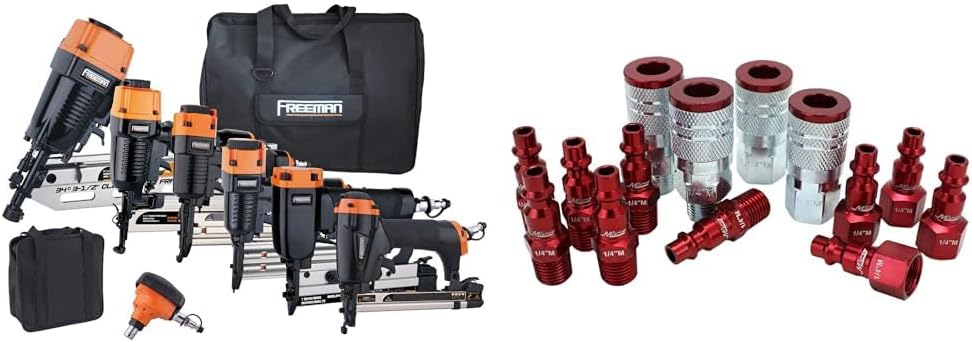 AIR NAILER ACCESSORIES, BRAND, CATEGORY, FREEMAN, Freeman P9PCK Complete Pneumatic Framing and Finishing Nailer and Stapler Kit with Bags and Fasteners (9-Piece)