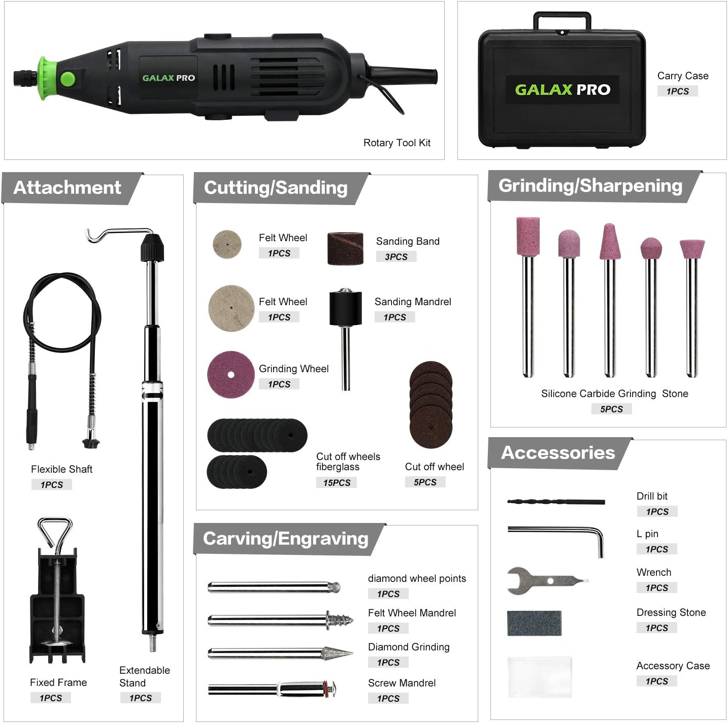 BRAND, CATEGORY, GALAX PRO, ROTARY TOOLS, GALAX PRO 135W Rotary Tool Kit, Variable Speed 8000-32500rpm, 40 Accessories with Flex Shaft Ideal for DIY Creations, Craft Projects, Drilling, Cutting, Sanding, Polishing and Engraving