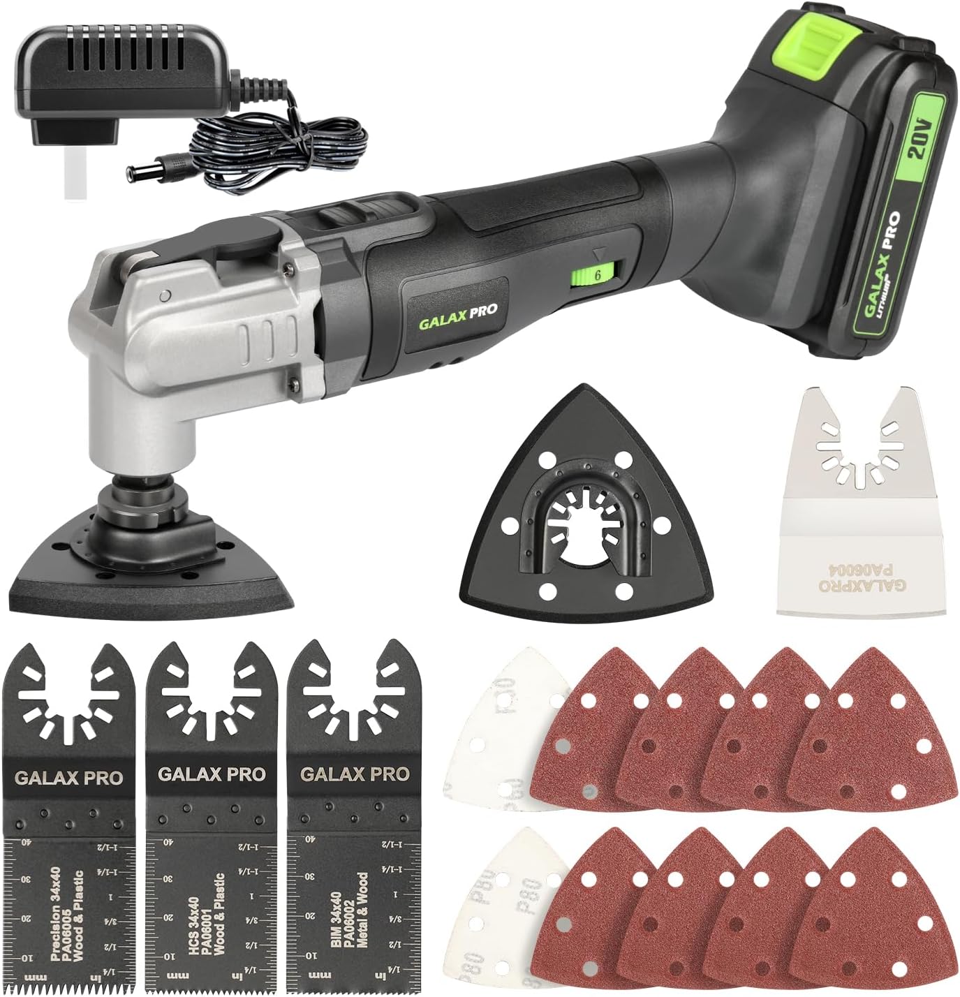 BRAND, CATEGORY, GALAX PRO, OSCILLATING TOOLS, GALAX PRO 22000 OPM 1.5A Oscillating Multi Tool, 3 Degree Oscillating Angle with 3 Pieces Saw Blades, 1 Piece Semi Circle Blade Sanding Plate, 6 Pieces Sanding Papers for Grinding