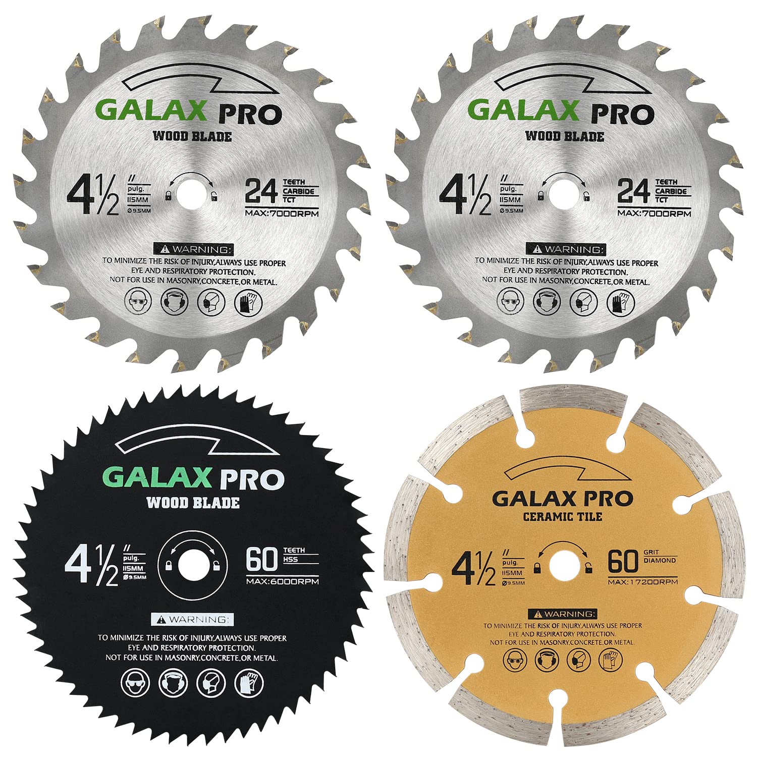 BRAND, CATEGORY, CIRCULAR SAW BLADES, GALAX PRO, GALAX PRO Saw Blade Set, Pack of 4 Assorted 60T HSS Metal/24T TCT Wood/Diamond 4-1/2-Inch Circular Saw Blade with 3/8" Arbor for Fast Cutting…