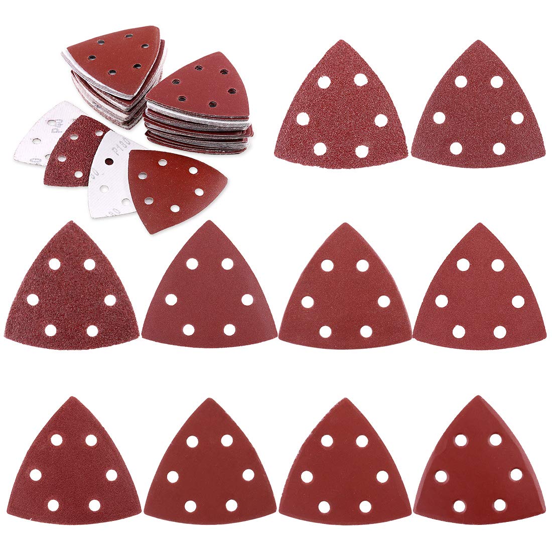 BRAND, CATEGORY, GLARKS, HOOK & LOOP DISCS, Glarks 100-Pieces 90mm / 3.5 Inch Triangle Mouse Detail Sander Sandpaper Sanding Paper Hook and Loop Assorted 40/60/80/120/180/240/400/600/800/1000 Grits for Random Orbital Sander (6 Holes)