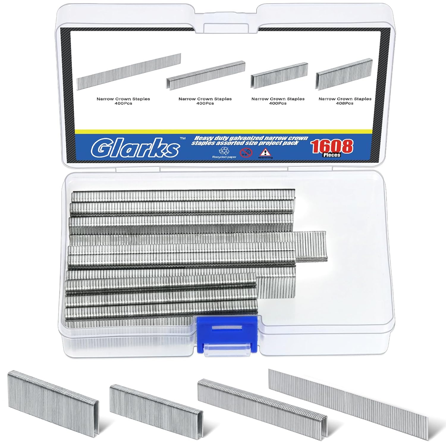 BRAND, CATEGORY, GLARKS, STAPLES, Glarks 1608Pcs 18 Gauge Narrow Crown Staples, 1/2", 3/4", 1" Galvanized Crown Narrow Staples Assortment Kit and 5/8" Brad Nails for Electric Stapler, Pneumatic, DIY Home Improvement (Silver)