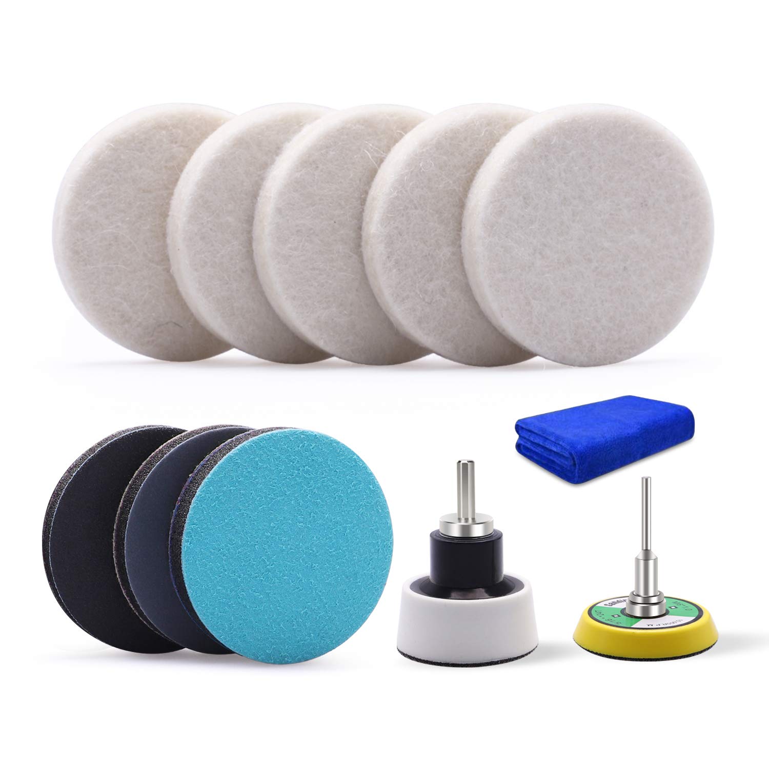 BRAND, BUFFING & POLISHING PADS, CATEGORY, PROMMON, Glass Polishing Pad, PROMMON 2Inch Car Glass Felt Polishing Buffing Pad, 8pcs Polishing sanding discs, Felt Polishing Wheel with Towel, 3mm Shank Backing Pad for Rotary Tools to Polish Glass and Metal